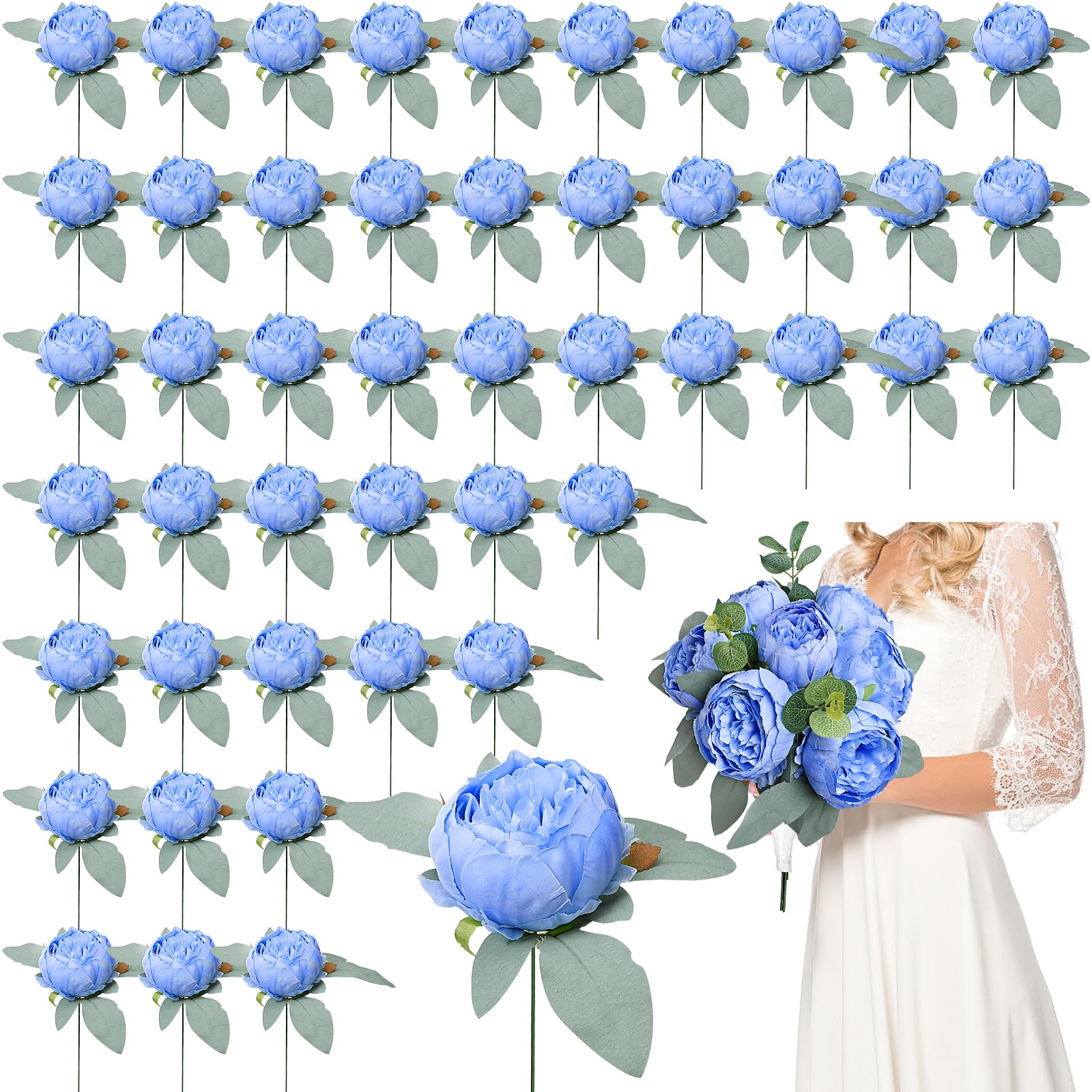 Photo 1 of Scawim 50Pcs Artificial Peonies Flowers Bulk, 4’’ Blue Peonies Fake Flowers Heads for Table, Faux Silk Peony Arrangements for Wedding, Engagement, Party, Coffee, Dining Decorations(Blue)