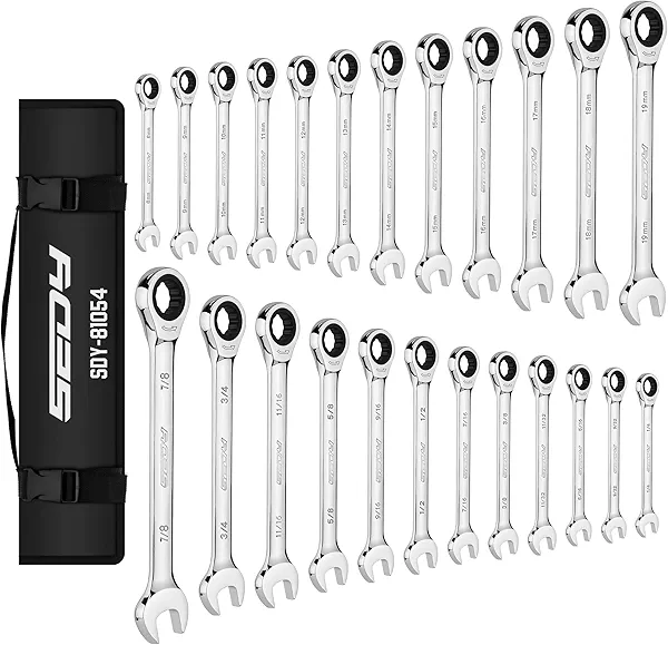 Premium 24-Piece Ratcheting Wrench Set, SAE & Metric Combination Wrenches, 8-19mm / 1/4"-7/8", 72-Tooth Ratchet Spanners, Chrome Vanadium Steel with Roll-Up Pouch for Mechanics