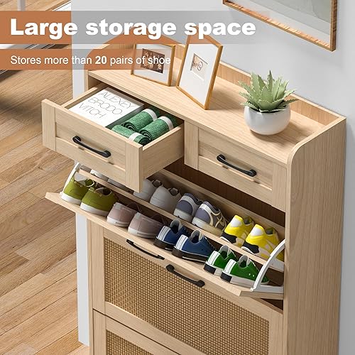 Miniatura 4 de wanan Gabinete de zapatos de ratán con 2 cajones y 3 puertas abatibles, armario oculto de 51 pulgadas para almacenamiento de zapatos para entrada,