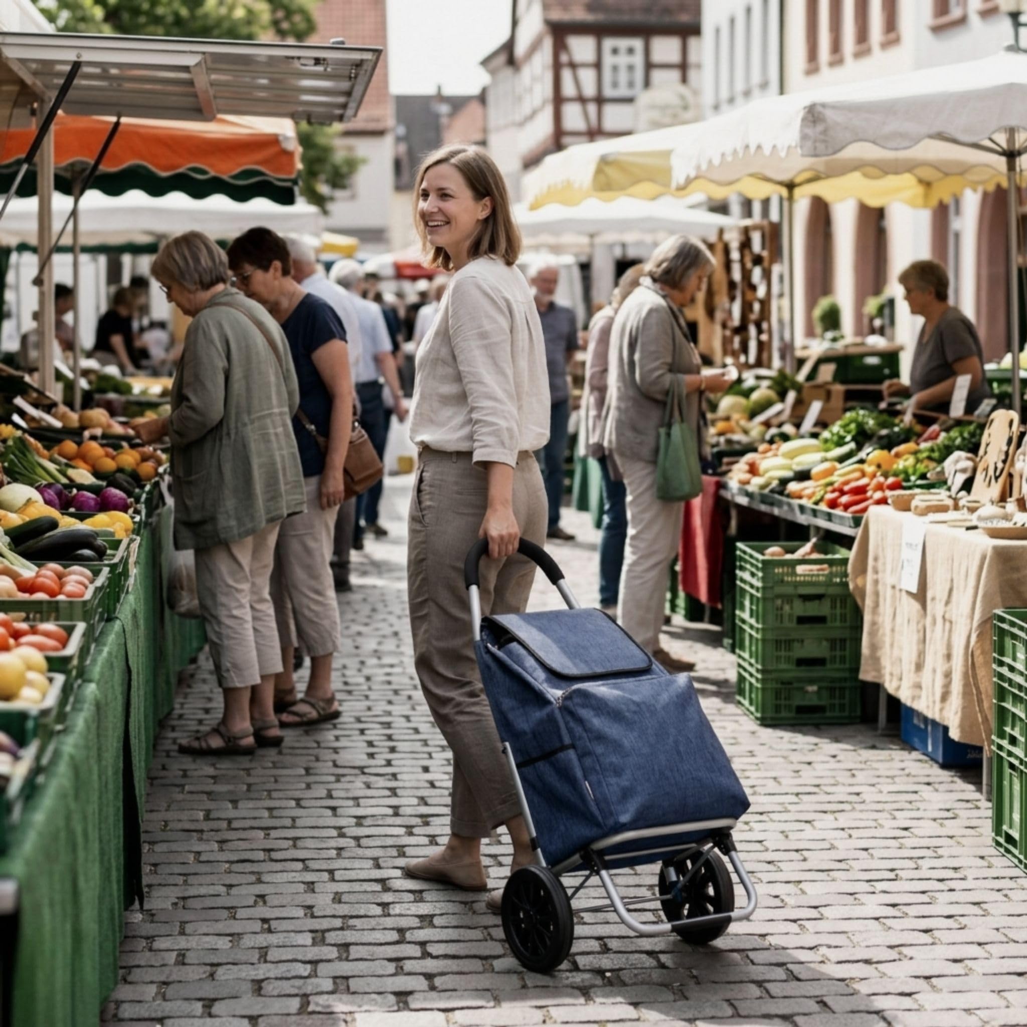 Einkaufstrolley klappbar mit Kühlfach, Einkaufshilfe Aluminium leicht, Einkaufswagen Shopper Trolley rückenschonend, inkl. Regenschirm (Navy Blau)