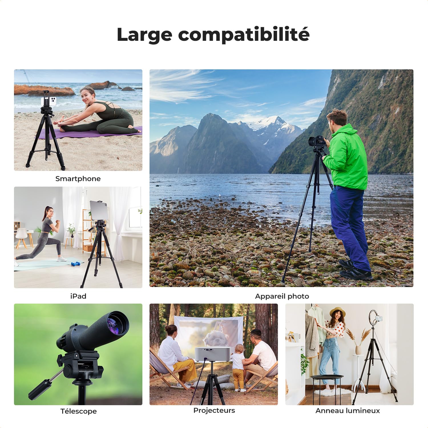 Trépied Appareil Photo pour Smartphone 190cm, K&F CONCEPT S255A3+BV01 Trépied Caméra avec Clip de Téléphone, pour DSLR Nikon Canon Sony, iPhone, Samsung, Tête Pan Amovible, Télécommande Bluetooth