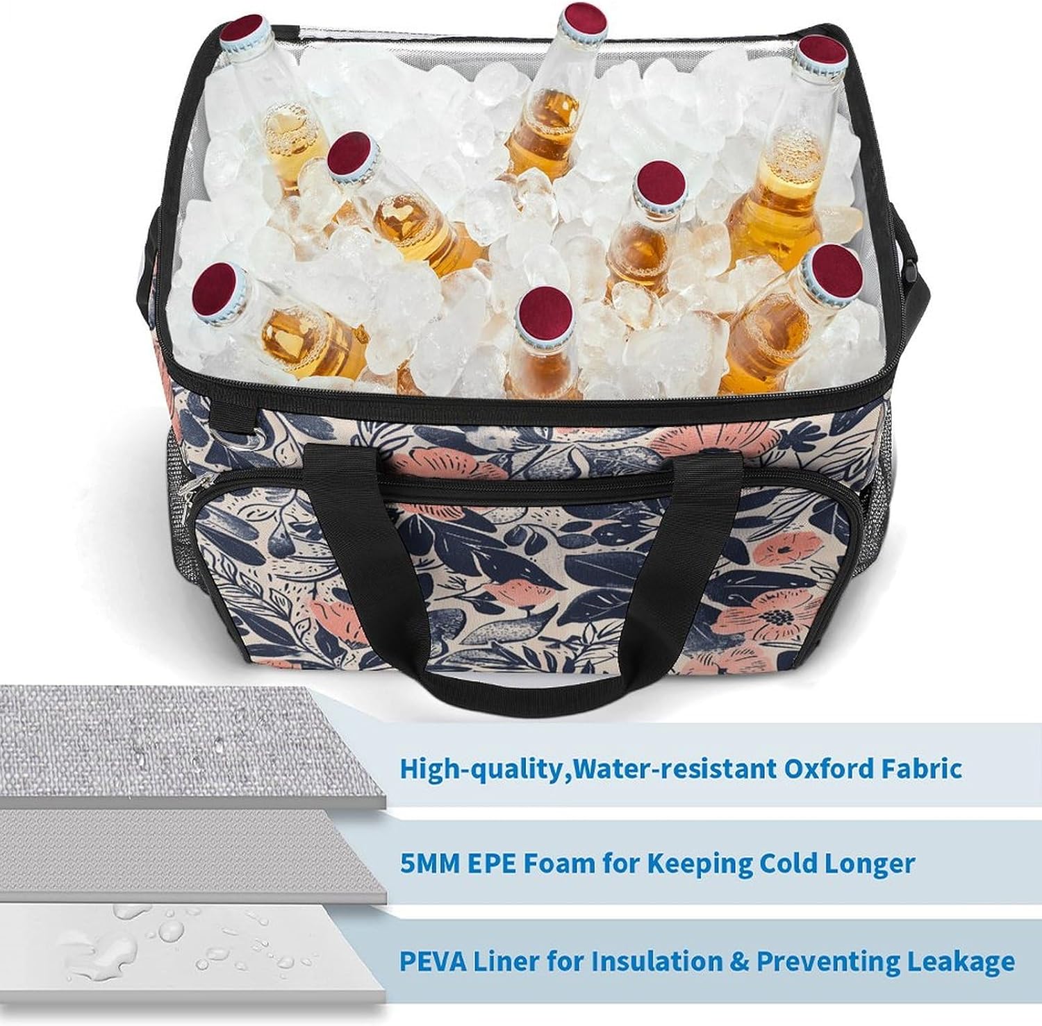 Portable Camping Cooler Pack,Navy Blue Flower Print Reusable Lunch Pack,Outdoor Large Capacity Picnic Pack