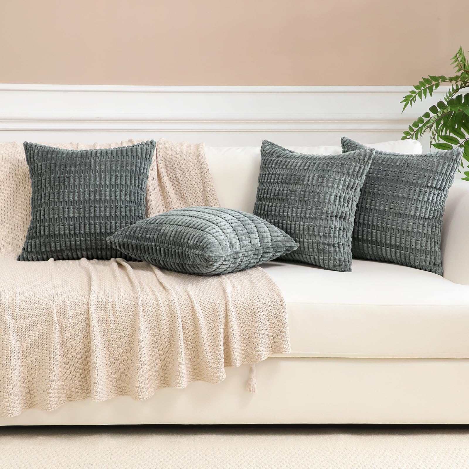 Sungeek Set of 4 Soft Corduroy Decorative Cushion Covers 45x45cm Square Striped Throw Pillow Covers 18x18 Inch for Sofa Couch Living Room Patio Farmhouse Boho Home Decor Pillowcases (Dark Gray) - Image 4