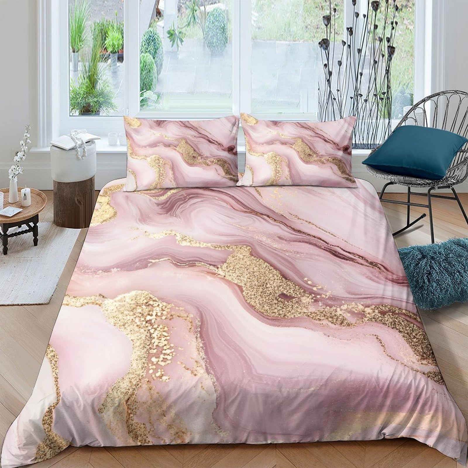 GPLZQXKJNH 3D Printed Pink Marble Duvet Cover Microfiber Soft Bedroom Decor Gold Veins Bedding Set with 2 Pillowcases Single（135x200cm）