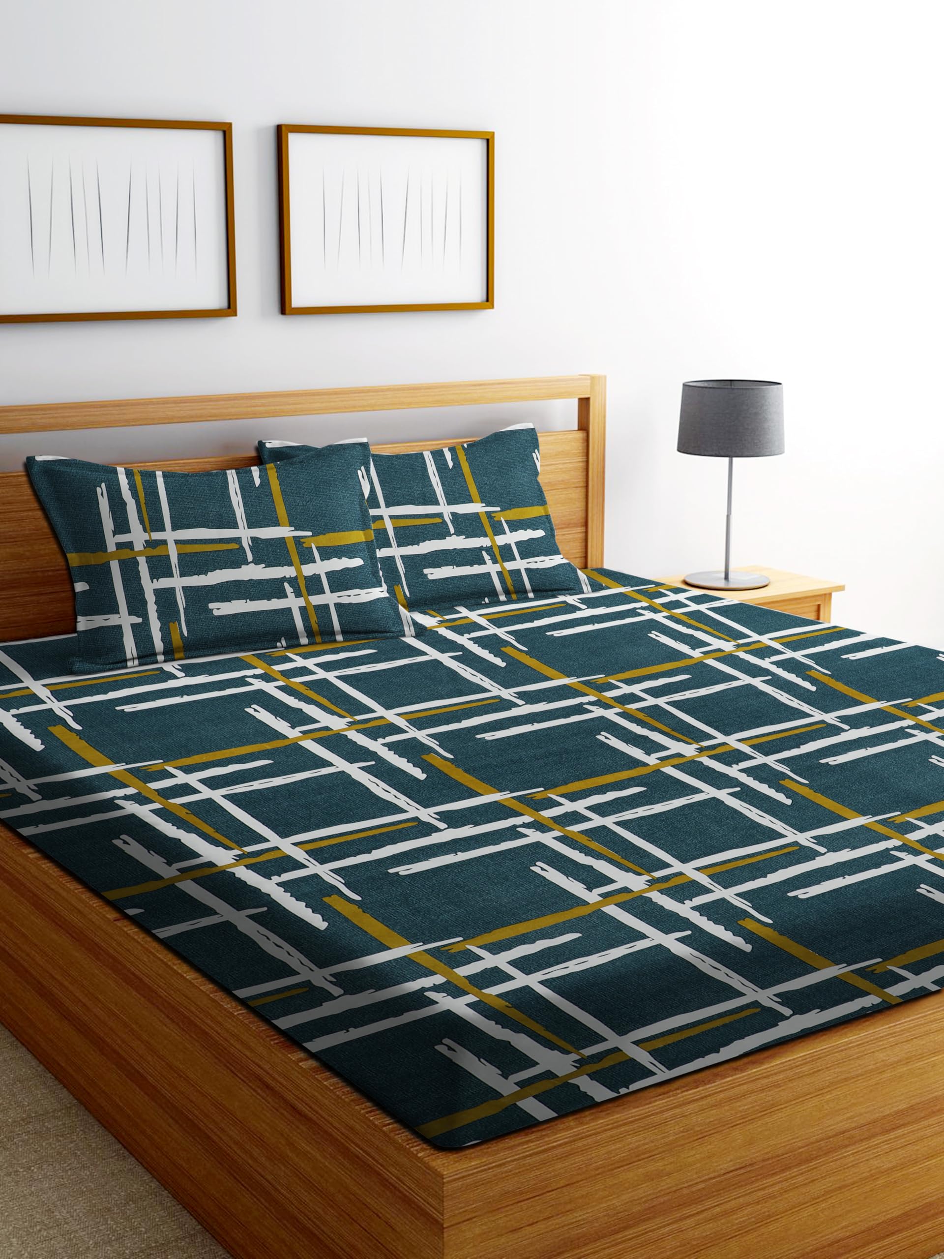 DECORUM Glace Cotton Fitted 1 Bedsheet King Size (72"x78") | All Around Elastic | Cotton Feel | 2 Pillow Covers (17"x27") | Fits Up to 8" Mattress | 200-220 TC | Printed Double Bed Sheet Set