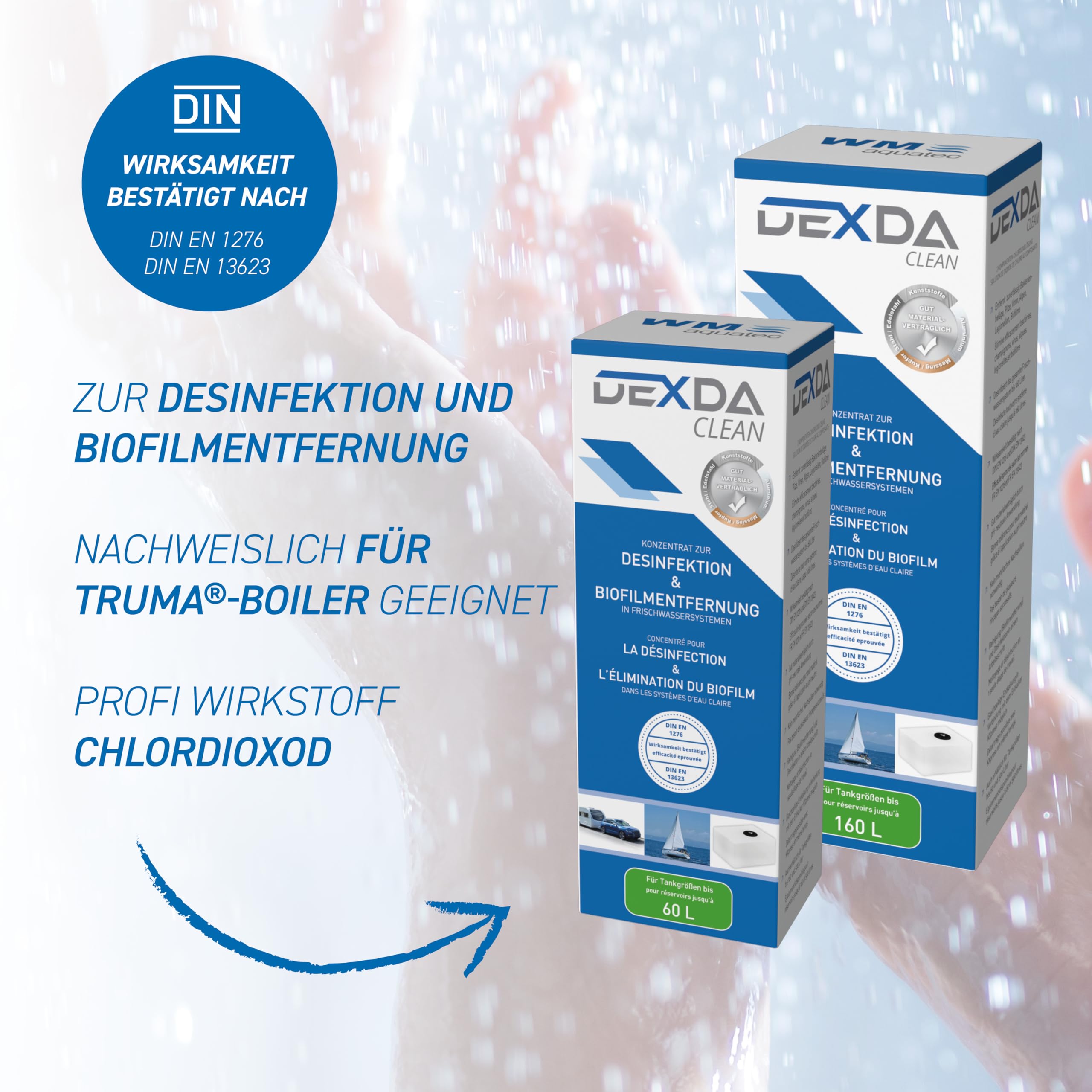 WM aquatec Hygiène-Trio HGT-120 | Set complet d'hygiène de l'eau pour réservoirs jusqu'à 160L | Nettoyage, détartrage, désinfection et conservation autom. de l'eau | pour caravane, camping-car, bateau