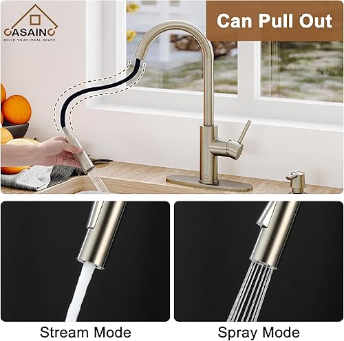 Miniatura 3 de CASAINC Grifo de cocina con rociador extraíble de níquel cepillado, 1.8 gpm 16.89 pulgadas de alto, sensor de movimiento sin contacto, grifo de