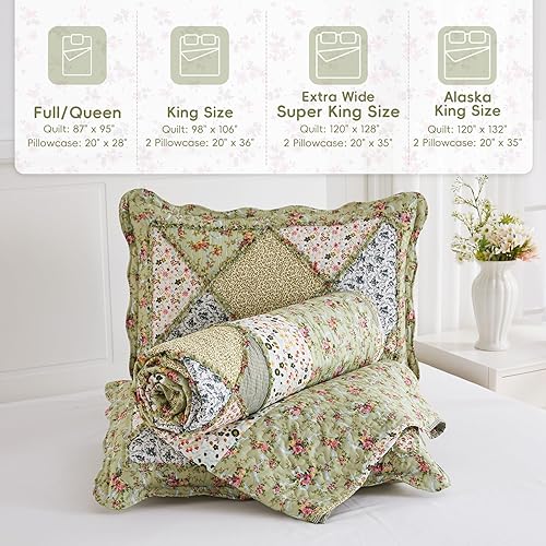 Miniatura 7 de VIVILINEN Juego de edredón de retazos florales azules, tamaño matrimonial, juego de ropa de cama de 3 piezas con 2 fundas de almohada