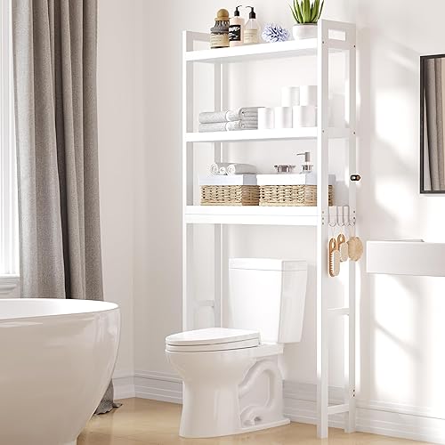Smiry Gabinete de almacenamiento sobre el inodoro, organizadores de baño de bambú de 3 niveles con estante ajustable y 4 ganchos, estante que ahorra