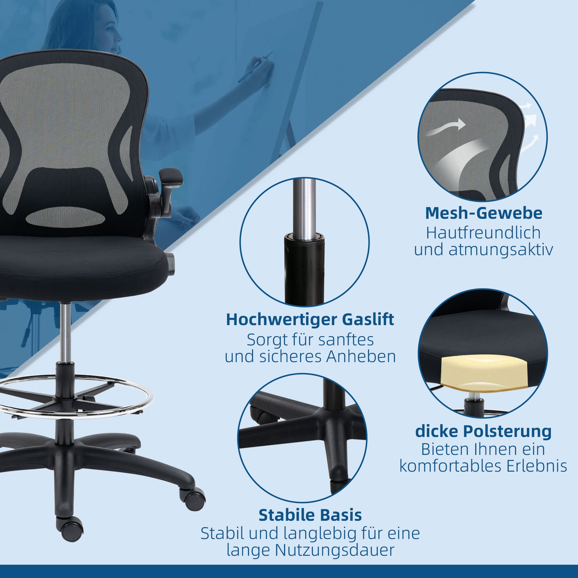 Vinsetto Bürostuhl Ergonomischer Zeichenstuhl 102-122 cm Schwarz | Mit Verstellbarem Fußring, Drehstuhl, Höhenverstellbarer Arbeitsstuhl, mit Rollen, Lendenwirbelstütze