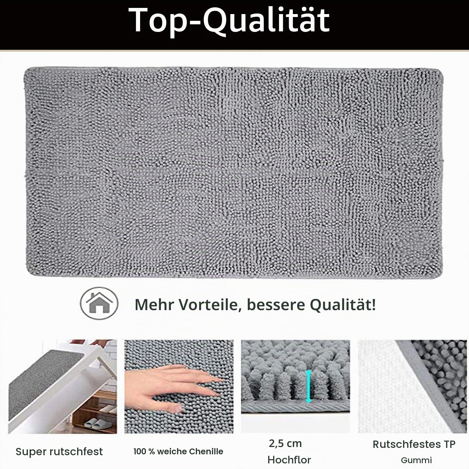 Extra großer Badteppich, lange Badematte, 80 x 160 cm, ultraweiche Chenille-Teppiche, rutschfest und wasserabsorbierend, Badewannen-Bodenmatte, Läufer für Badezimmer, Schlafzimmer, Küche