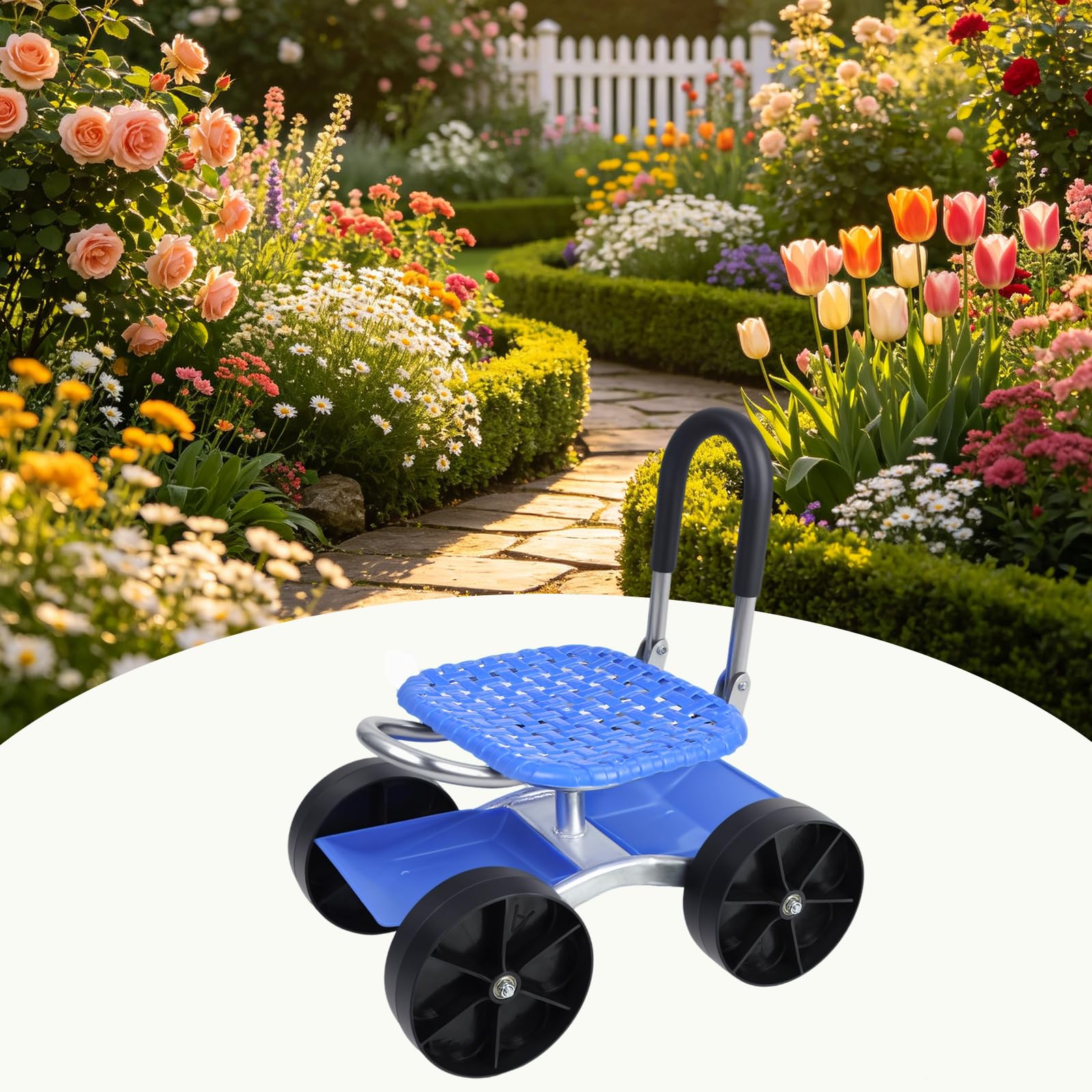 Gartenhocker Mit Rollen, 360° Drehbarer Rollsitz, Höhenverstellbarer Gartensitz, Gartentrolley,Mobiler Gartenhocker Mit Ablage,Arbeitssitz Für Gartenarbeit Garage Werkstatt (Blue)
