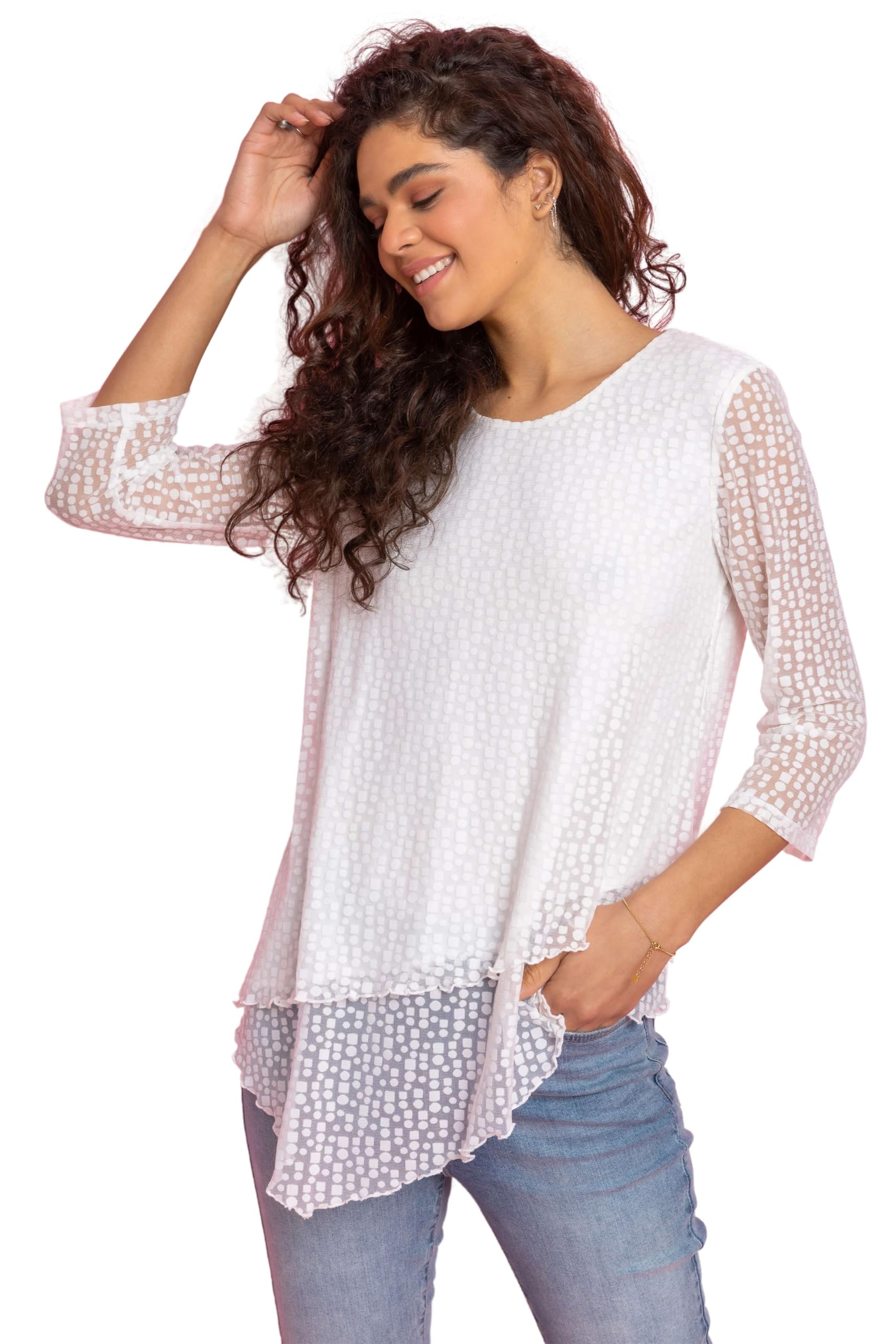 Roman Originals Women's Ivory Burnout Spot Print Asymmetric Top - Stretch Jersey Round Neck 3/4 Length Sleeves Lettuce Hem Daywear Tops - Size 10