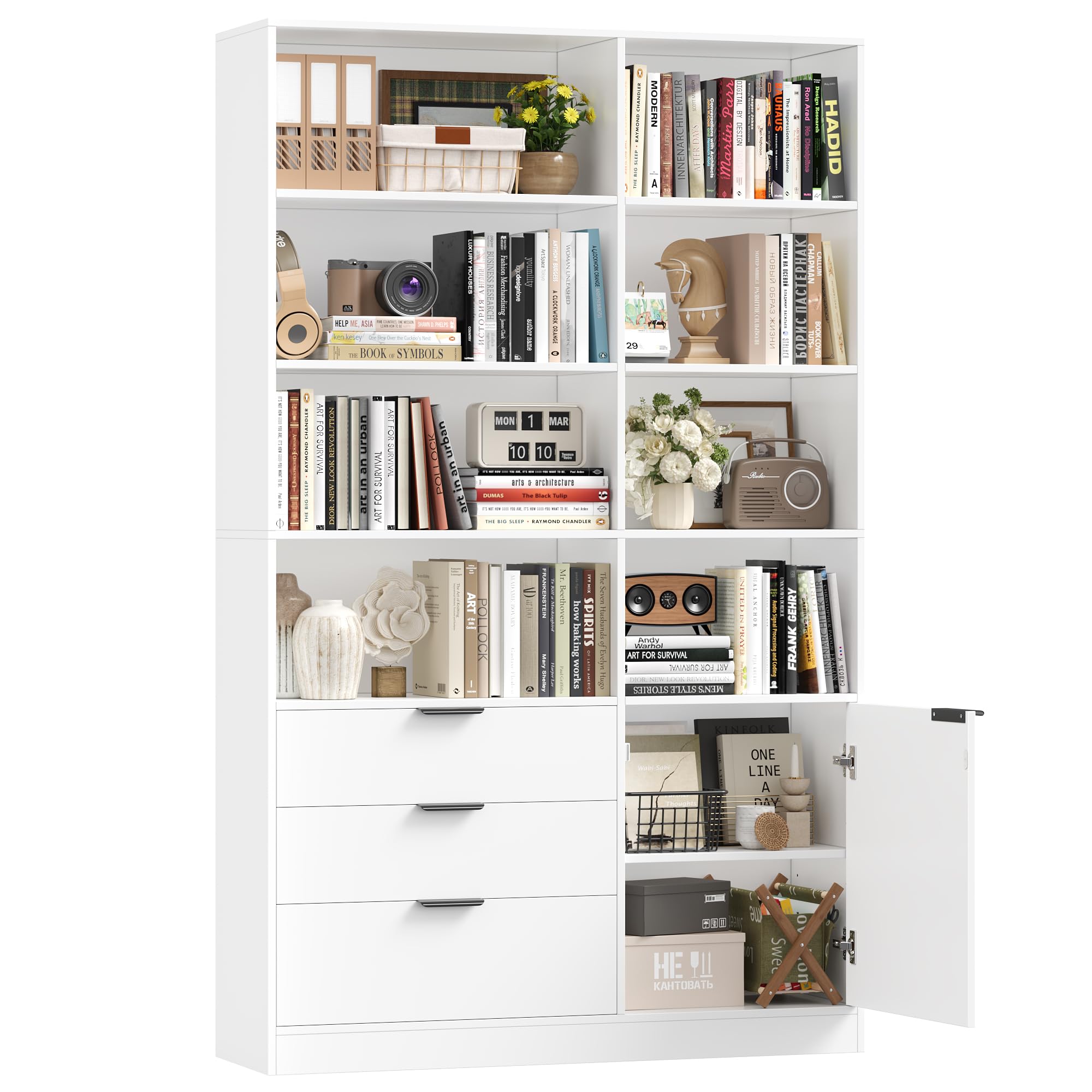 HOCSOK Libreria, Scaffale Libreria Verticale con Porta e 3 Cassetti, Legno | Scaffale Alta con Ripiani Regolabili, per Soggiorno Studio Ufficio, Bianco, 180,5×103×28,5 cm