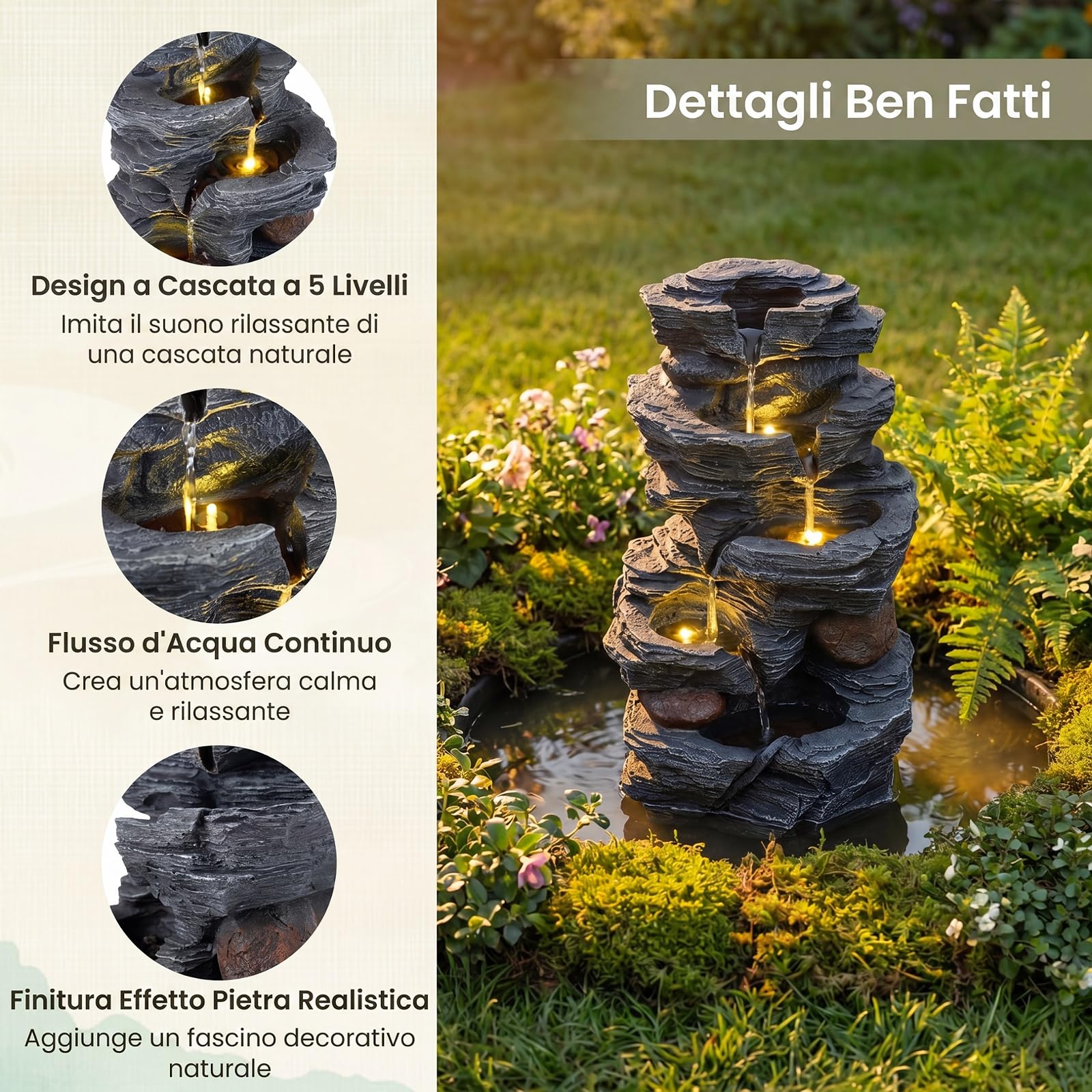 COSTWAY Fontana da Giardino, Fontanella Elettrica da Tavolo con Luci LED | Fontana Cascata in Resina a 5 Livelli con Flusso d'Acqua Regolabile e Pompa, da Interno ed Esterno per Terrazzo e Cortile