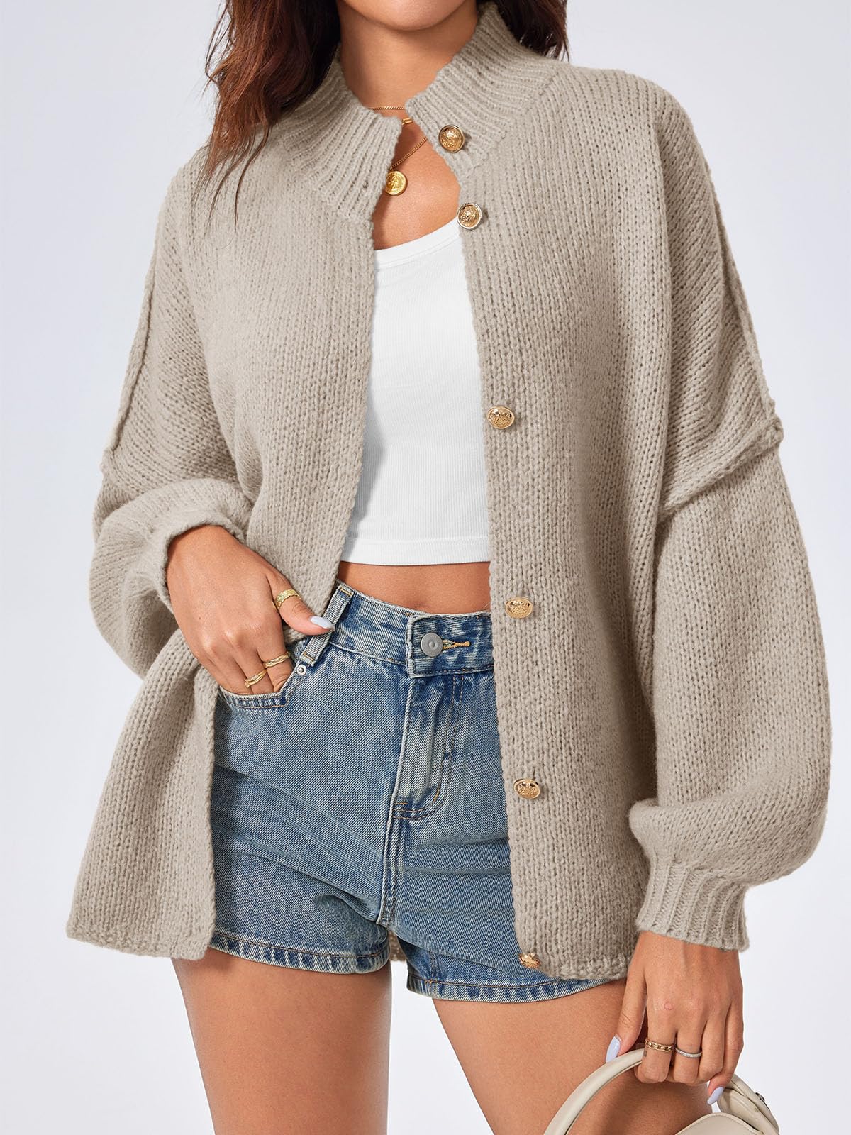 Saodimallsu Strickjacke Damen Kurz Laternenärmel Cardigan Winter