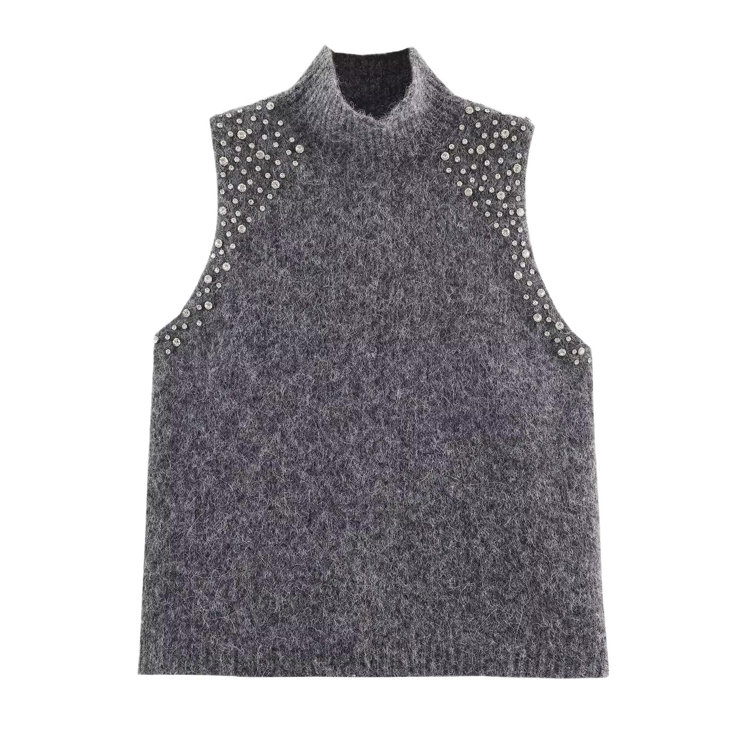 Womens Winter Knit Vest with Stand Collar Beaded Detail Casual Sleeveless Pullover Top