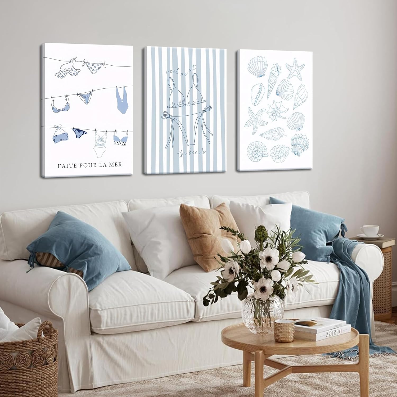 Trendy Coastal Canvas Wall Art Set of 3, Blue Bikini Granddaughter Room Wall Decor Paintings, Preppy Coastal Shell Girls Dorm Posters Prints Pictures for Living Room Bedroom 12x16 Inch Framed