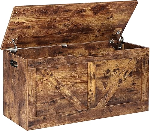 Baúl de almacenamiento de 39.4 pulgadas, banco de almacenamiento de madera, baúl de almacenamiento grande con 2 bisagras de seguridad, banco de