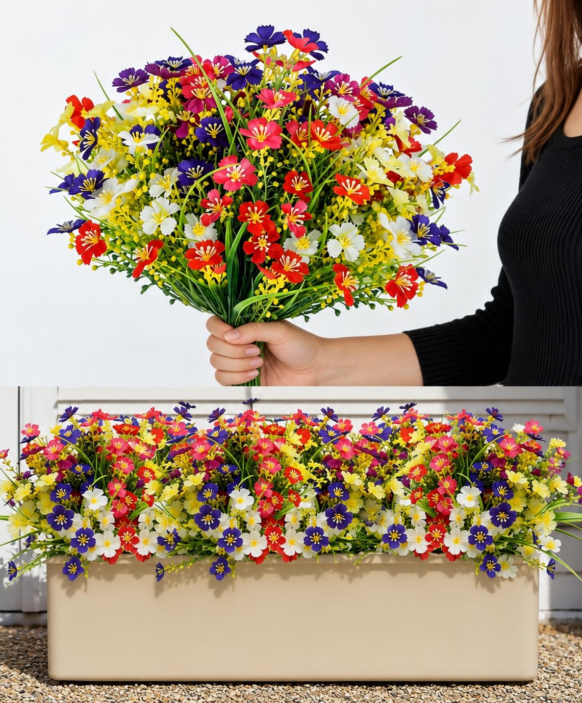 Evolpor 12 Bundles Outdoor Artificial Flowers, UV Resistant Faux Plastic Plants for Decoration, 6 Colors Fake Flowers Indoor Outside Hanging Plants Home Grave Garden Planter Decoration