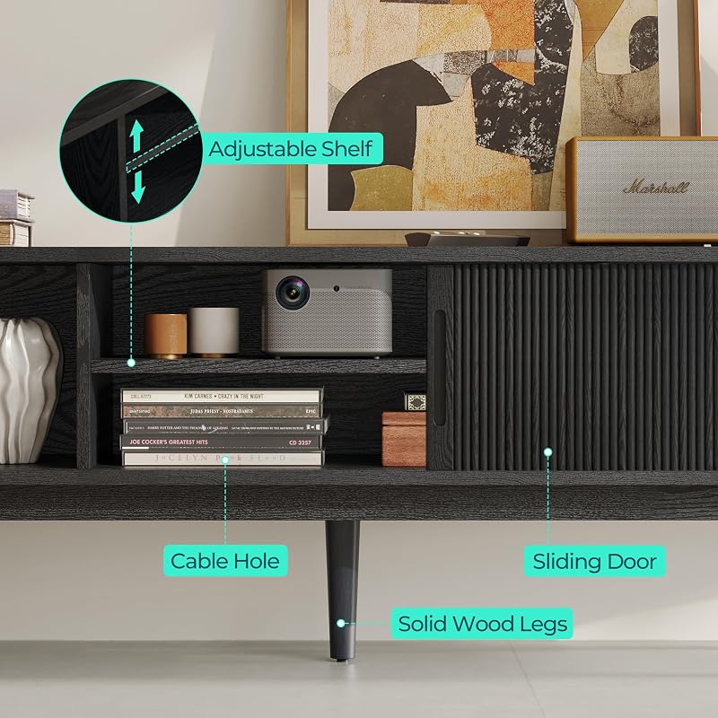 LINSY HOME Fluted TV Stand for 75" TV, Mid-Century Modern Wood Entertainment Center with Sliding Tambour Door and Storage Cabinet, Boho TV Media Console Table for Living Room, Bedroom, Black image 5
