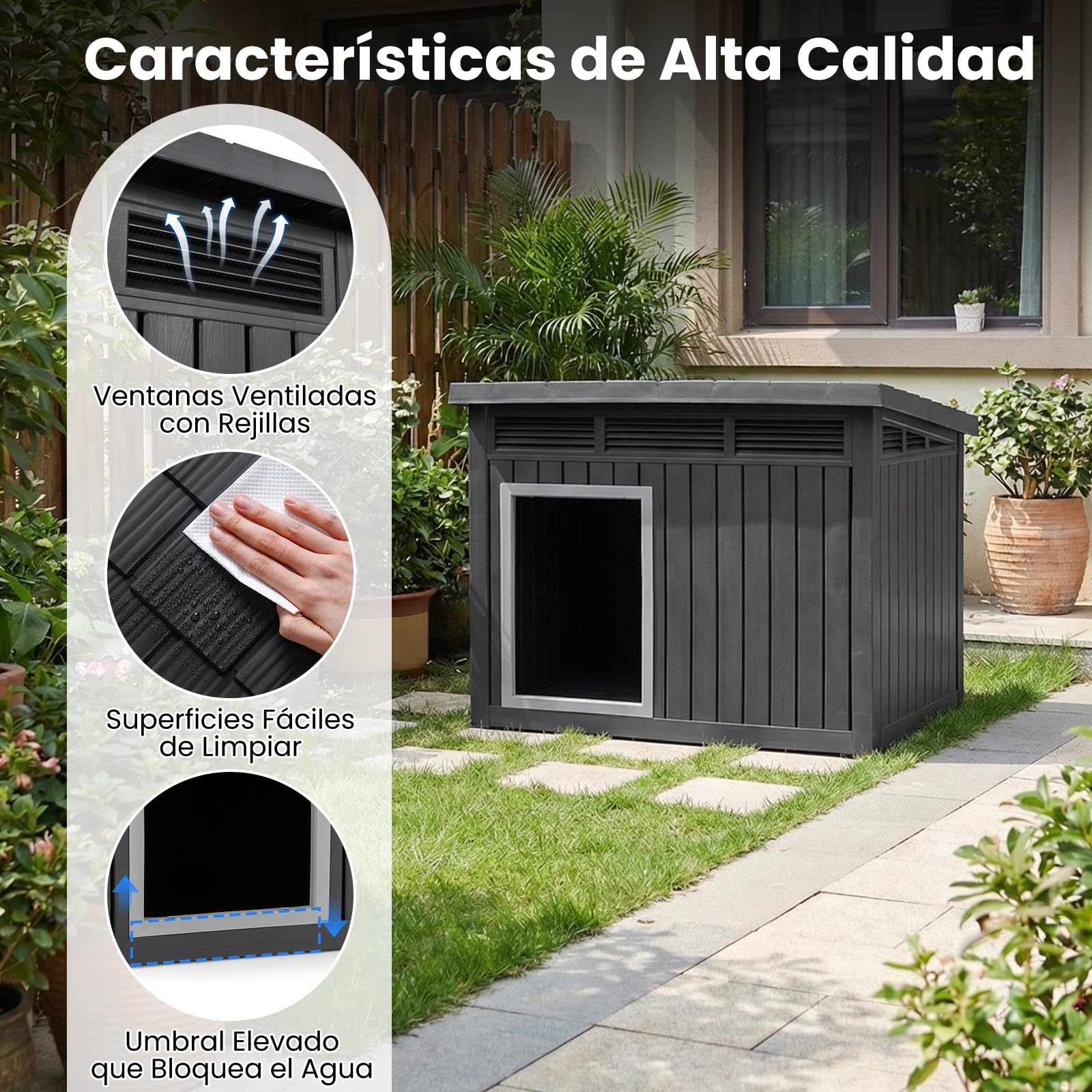 COSTWAY Caseta para Perros Exterior, Casa para Perros de Plástico con Puerta, Techo Inclinado Abatible, Rejillas de Ventilación, Mueble Perrera para Mascotas, 81 x 64 x 61 cm, Negro