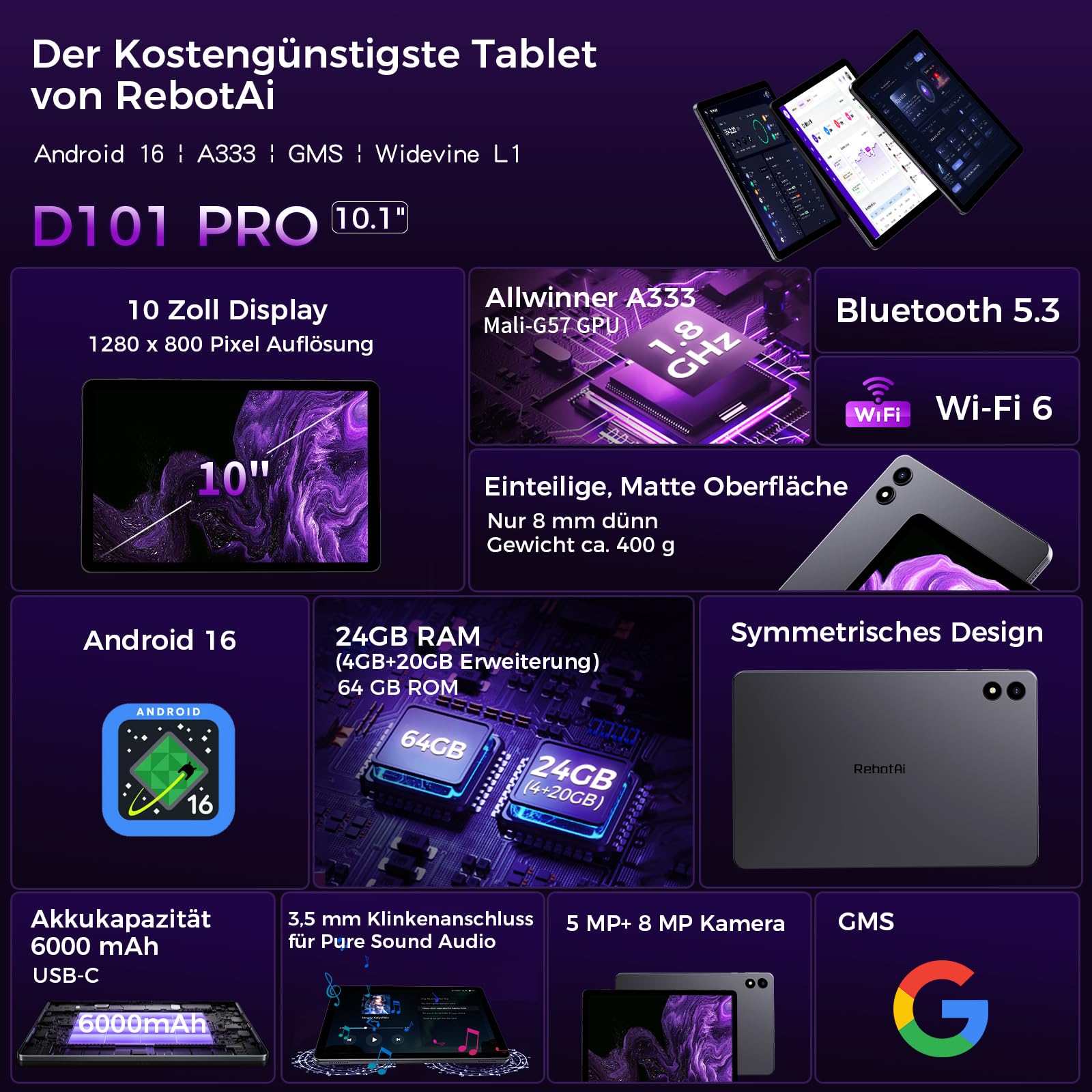 2026 Neuestes Tablet 10.1 Zoll Android 16 mit Gemini AI, 16GB RAM + 64GB ROM, GMS Widevine L1, WiFi 6 & BT 5.3, 6000mAh Dünn und leicht Tablet mit Gesichtserkennung