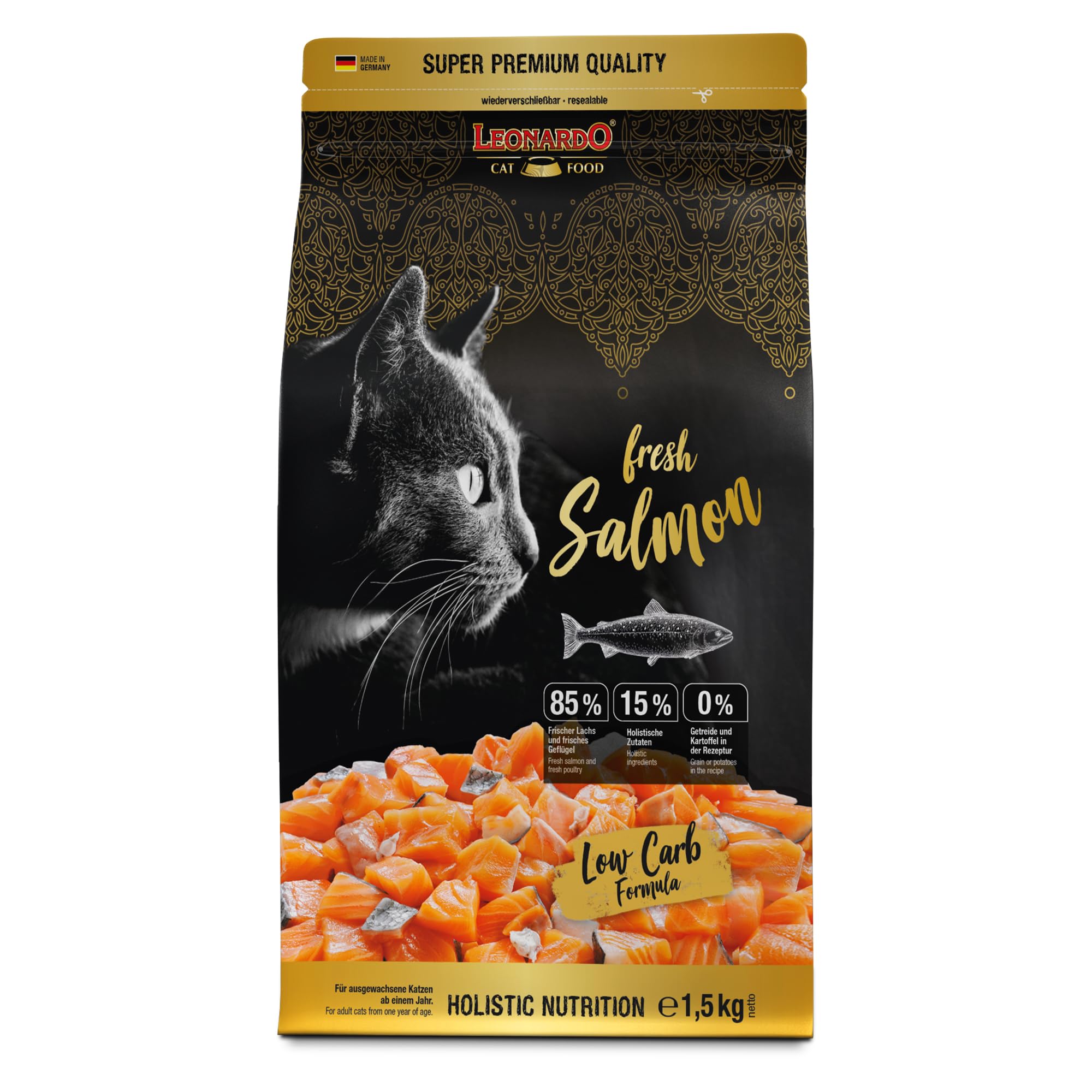 LEONARDO Fresh Salmon & Poultry [1,5kg] Katzenfutter | Trockenfutter mit 85% Frischfleisch für Katzen | Alleinfuttermittel für ausgewachsene Katzen Aller Rassen ab 1 Jahr