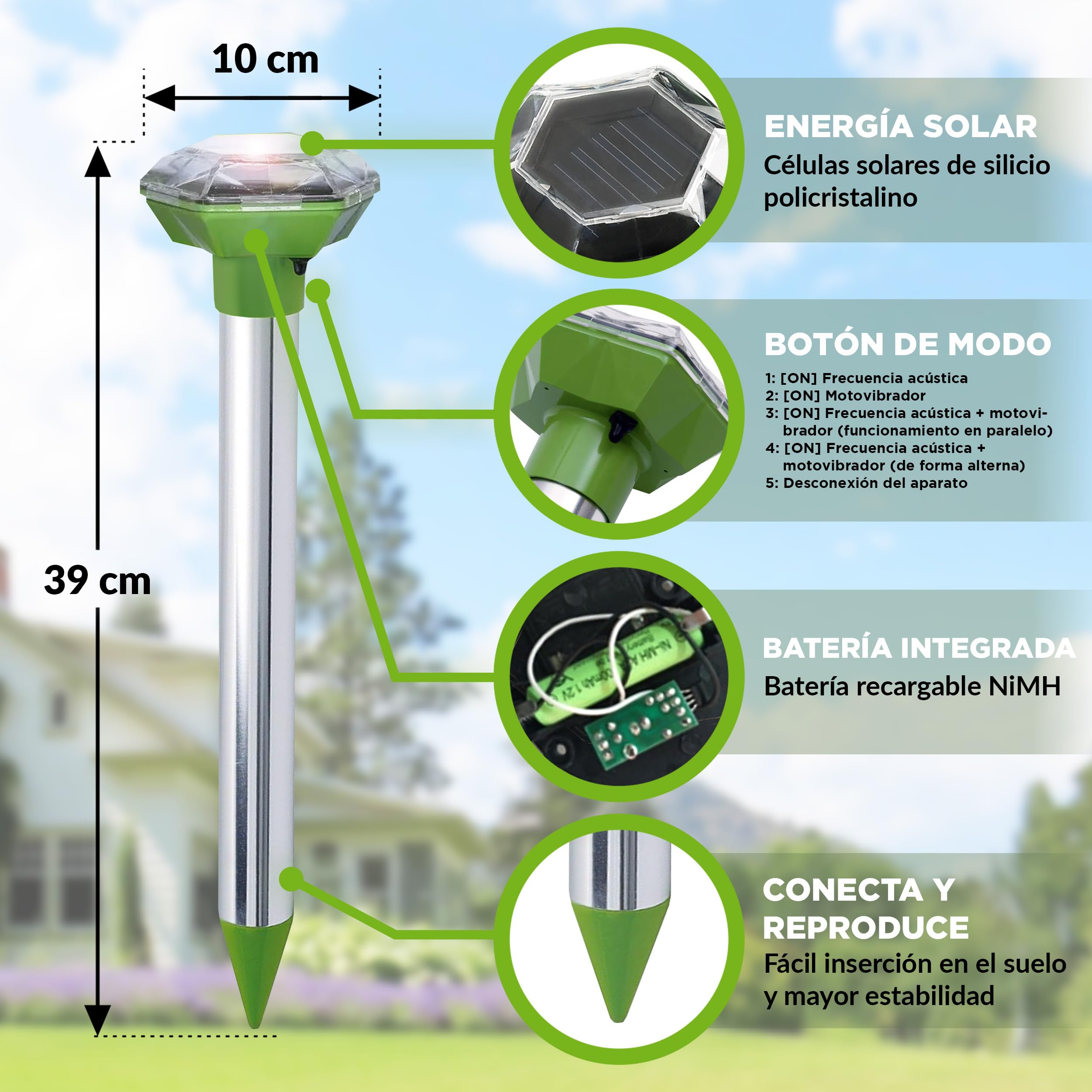 ISOTRONIC Repelente para Topos, topillos y Serpientes: Repelente Solar con estaca para jardín. Alcance Efectivo de 1000 m² (2 Unidades).