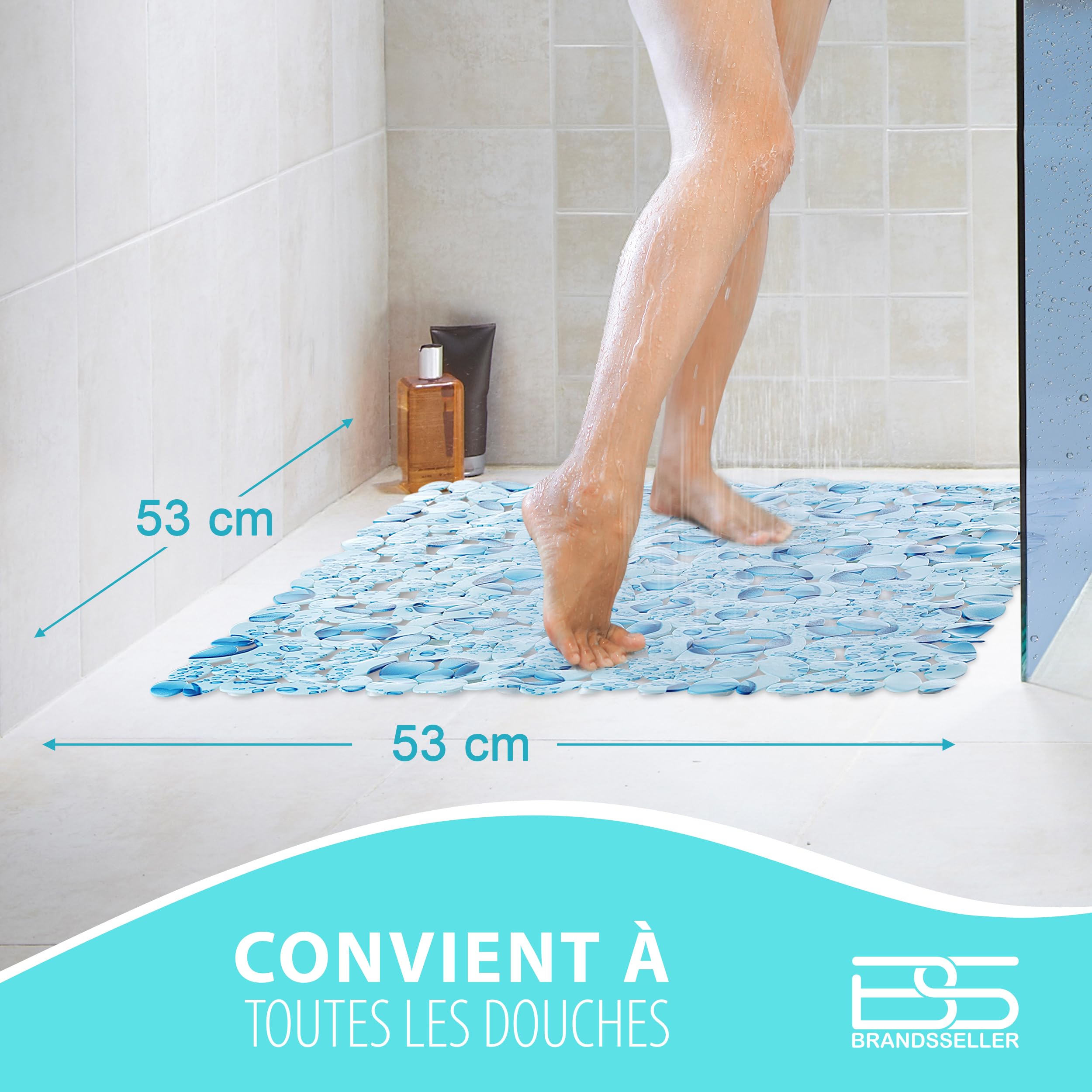 Brandsseller Tapis antidérapant Douche 53x53 cm – en PVC avec ventouses, Lavable à 30 °C, antibactérien et résistant à la moisissure – Tapis de Douche sécurisé et hygiénique – Motif : Gouttes