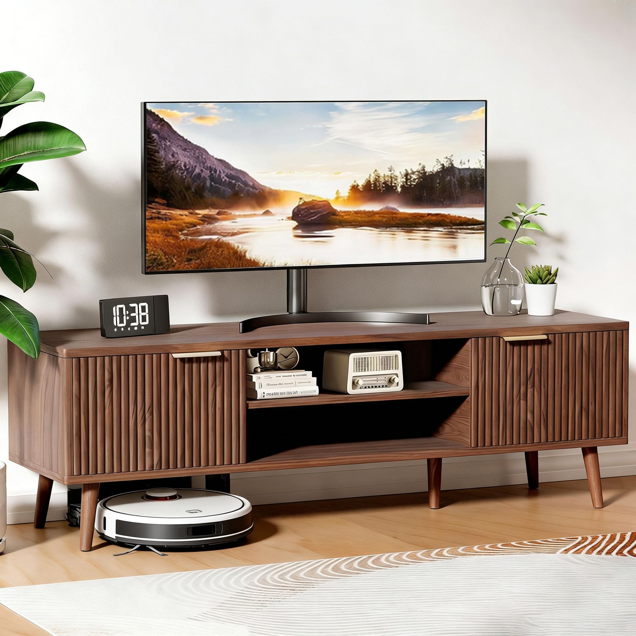 Meuble TV Bois 140cm Longueur Meuble Télé avec rangement pour Télévision Jusqu'à 60 Pouces 2 Étagères Ouvertes et 2 Portes 140 X 40 X 47 cm pour Salon, Chambre, Salle De Divertissement, Bois Foncé