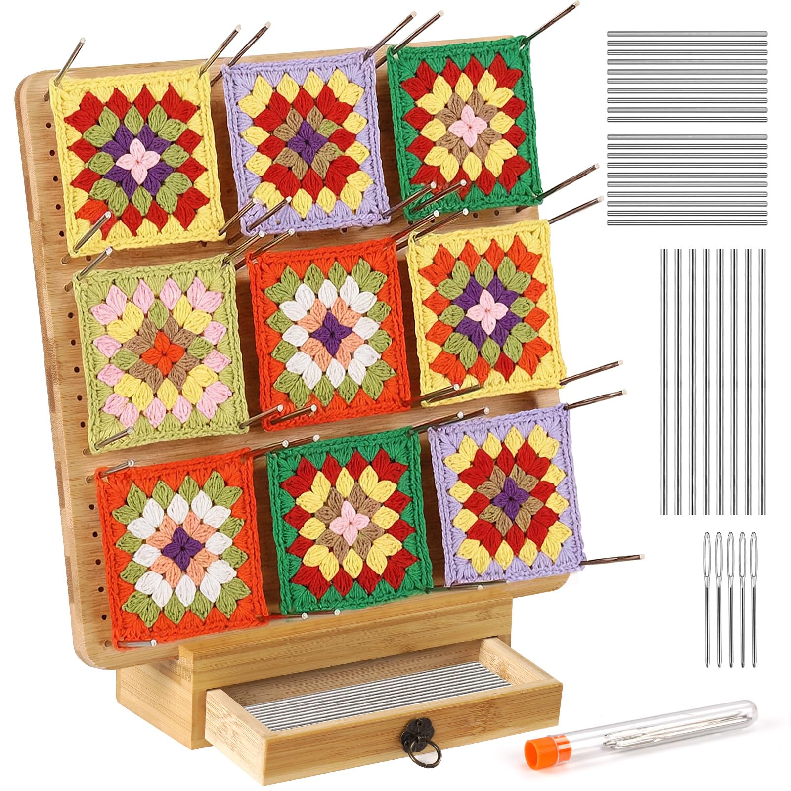 Crochet Blocking Board and Pins Large, Wooden Granny Square Blocking Board 11.4 inch with Drawers and 24 Pins, for Crochet and Knitting Projects, 29×29cm
