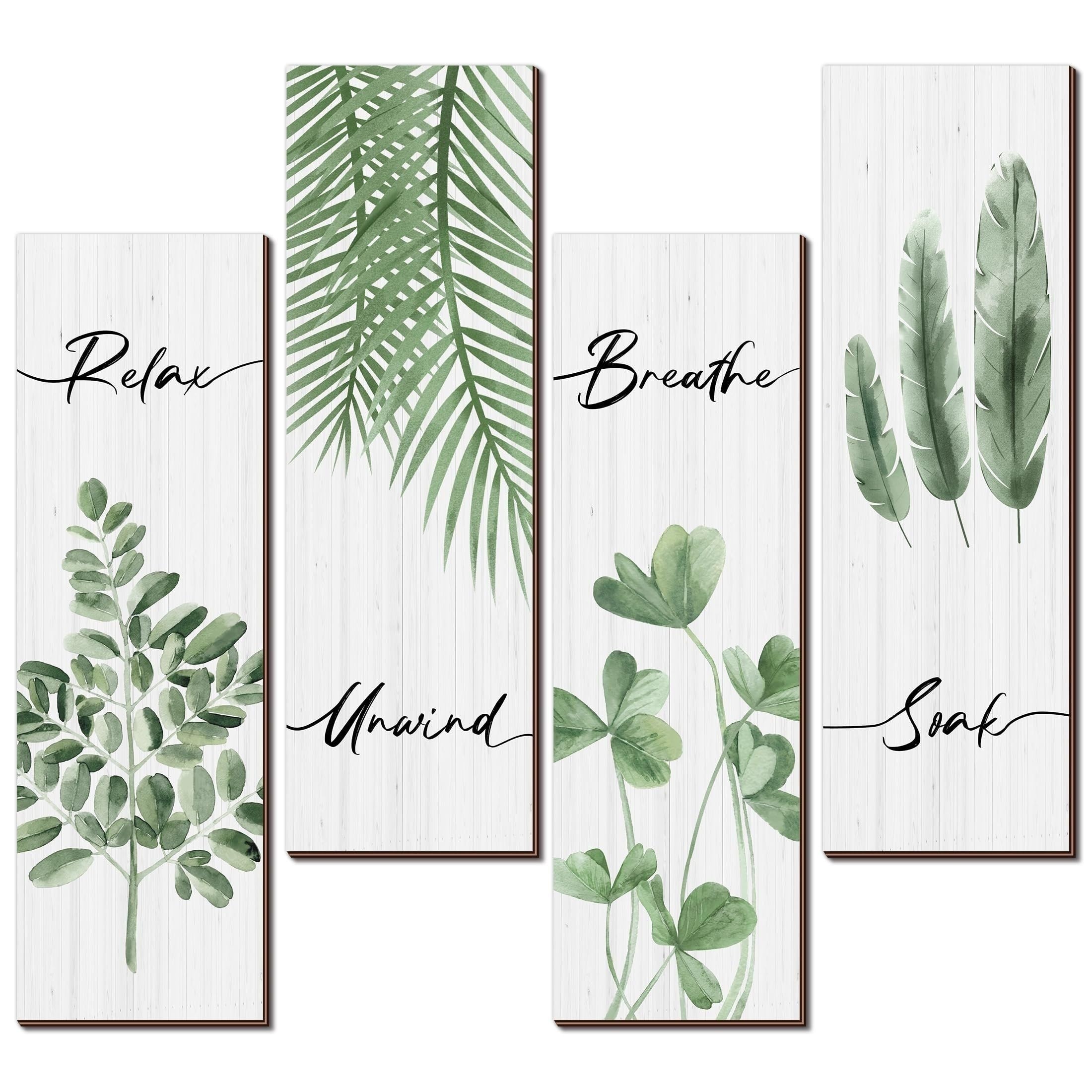 KACHI PENCIL 4pcs Olive Green Plant Bathroom Wall Decor Set - Relax, Soak, Unwind, Breathe Wooden Signs for Farmhouse Aesthetic, 25.4x10.16cm Botanical Art-WHANG-167-image-7