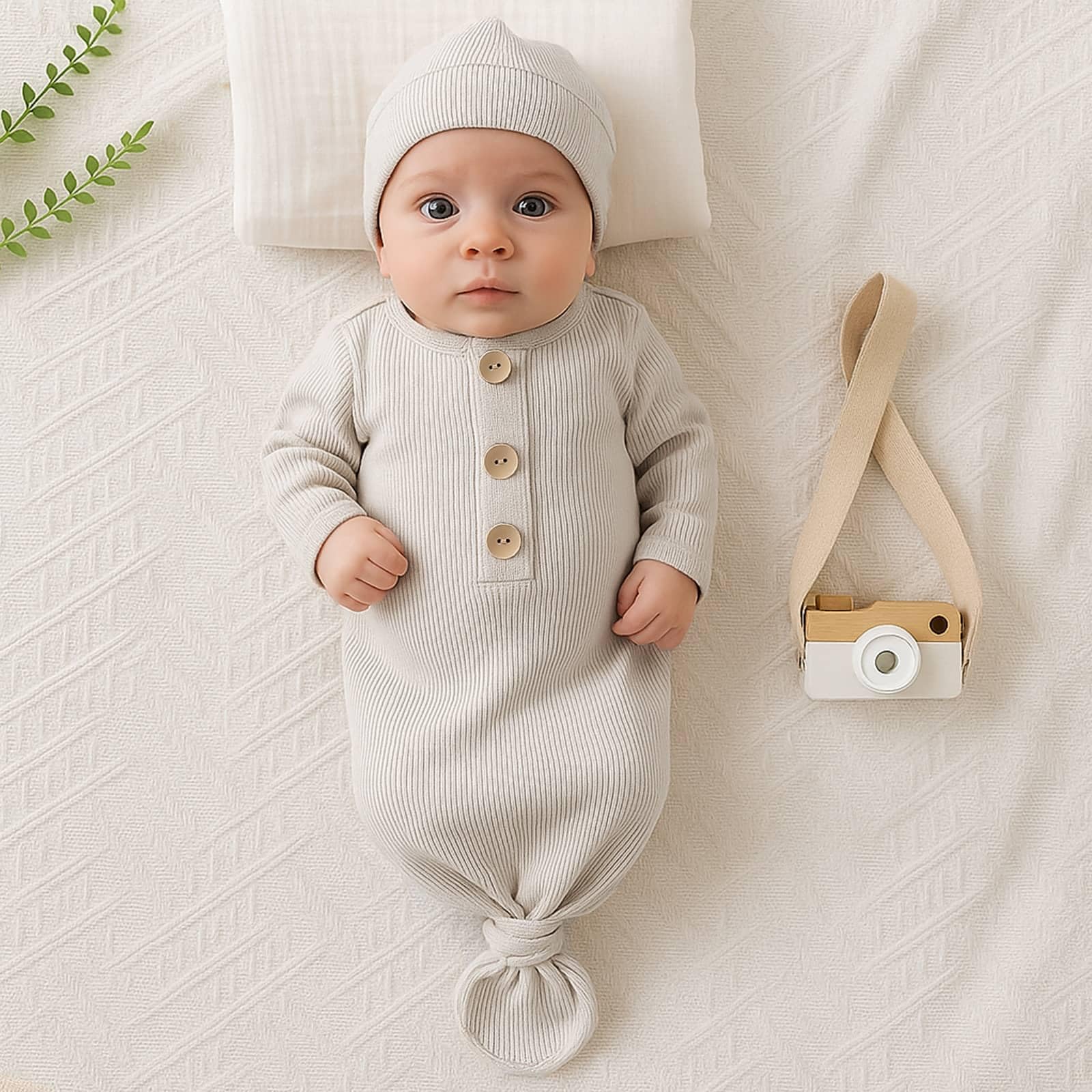 OPAWO Knotted Gown Baby Newborn Sleepers Baby Boy Coming Home Outfit, Bamboo Viscose Newborn Gowns with Mitten Cuffs and Hat Set(Brown + Khaki, New born)