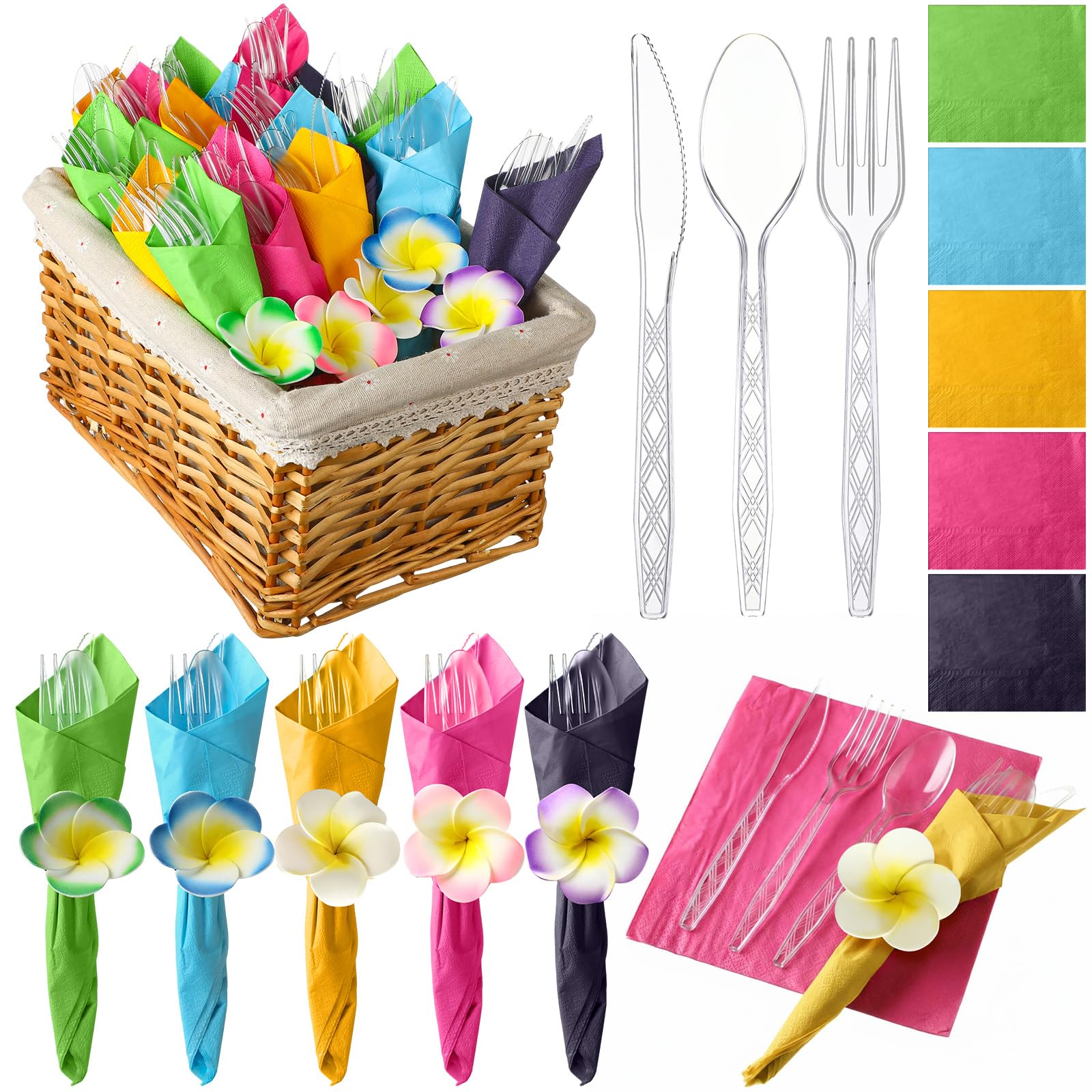 Photo 1 of Gueevin 250 Pcs/50 Set Hawaiian Hibiscus Napkin Cutlery Set Hawaiian Luau Party Supply Disposable Cutlery with Knives Fork Spoon Tropical Summer Napkin Hibiscus Party Table Decor, Serve 50 Guest