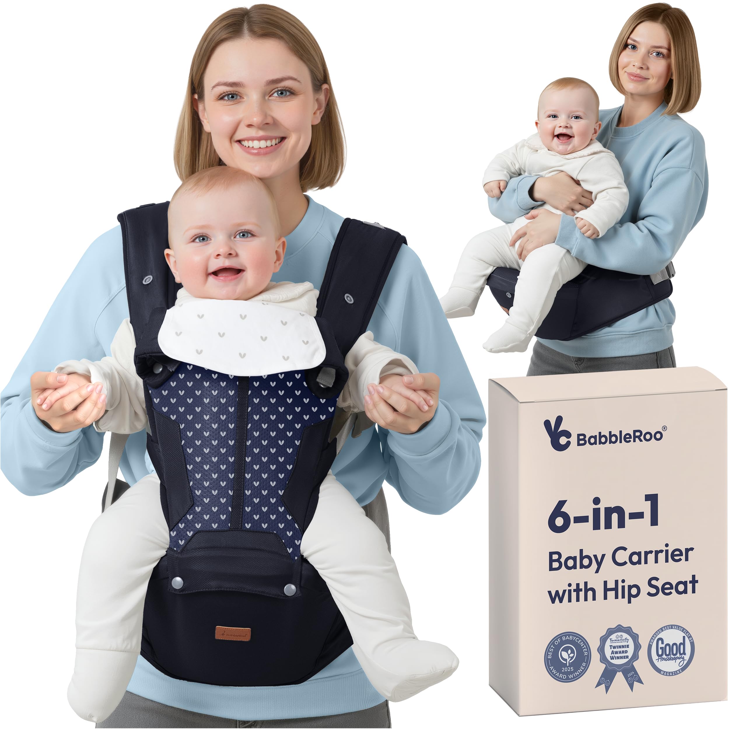 BabbleRoo Grow Carrier – Safety-Certified 6-in-1 Toddler & Baby Carrier with Hip Seat, Ergonomic & Adjustable Toddler Carrier 7-50 lbs with Hip