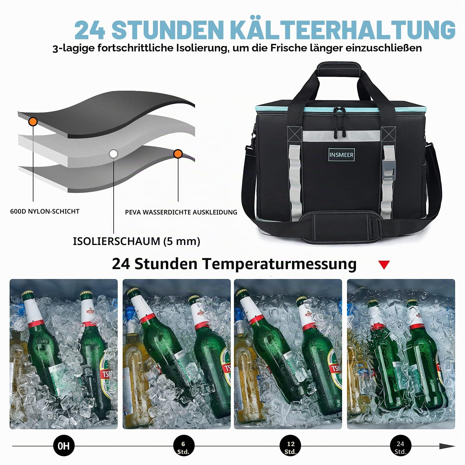 INSMEER 48L Kühltasche Gross Faltbare, 65 Can Kühltasche Thermotasche Isoliertasche für Getränke, XXL Wasserdicht Hitzebeständig Einkaufstasche für Ausflug, Picknic, Camping, Wandern, Strand
