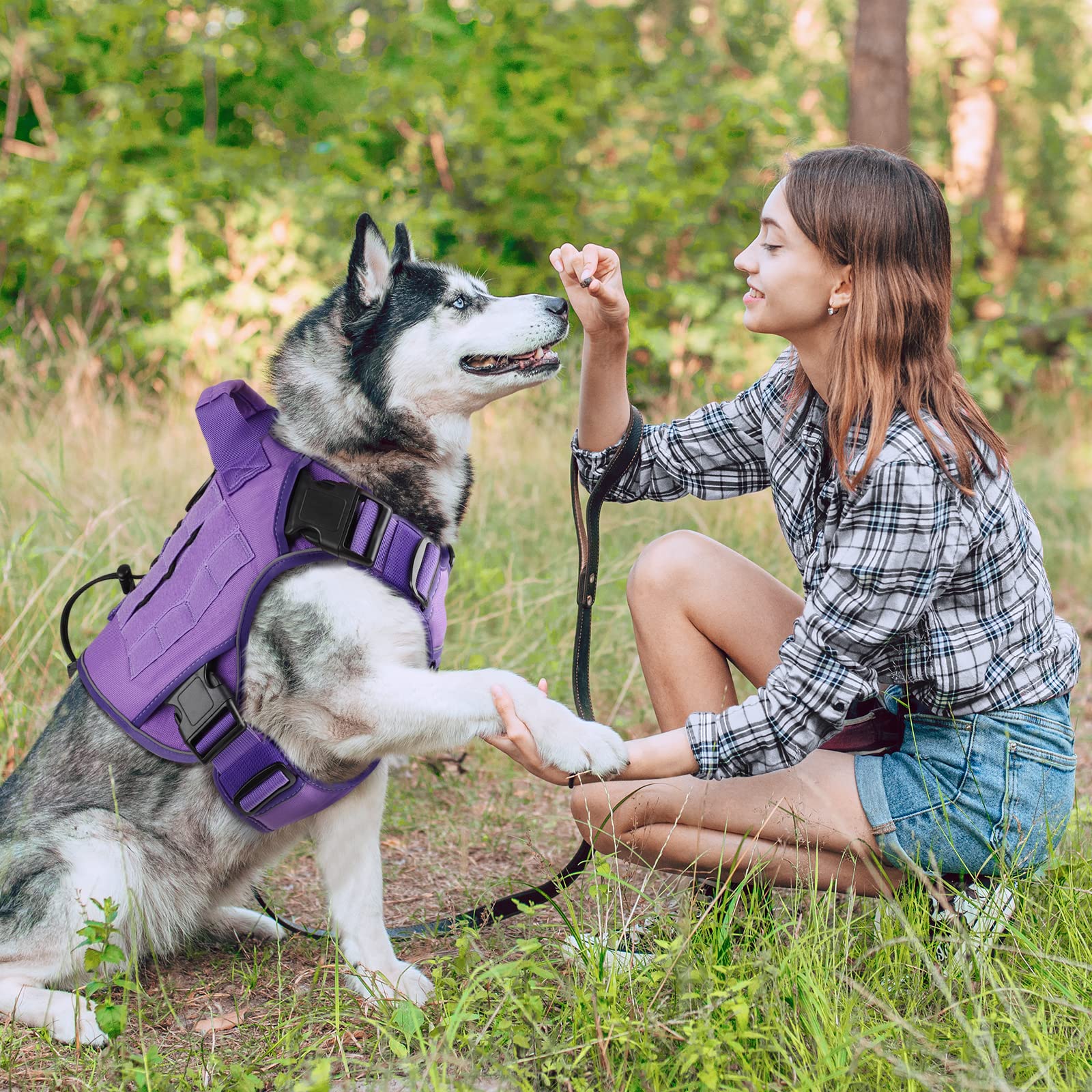 WINGOIN Arnés táctico morado para perros pequeños, sin tirones, ajustable, reflectante, K9, arnés militar para perros con asa para caminar, senderismo, entrenamiento (S)