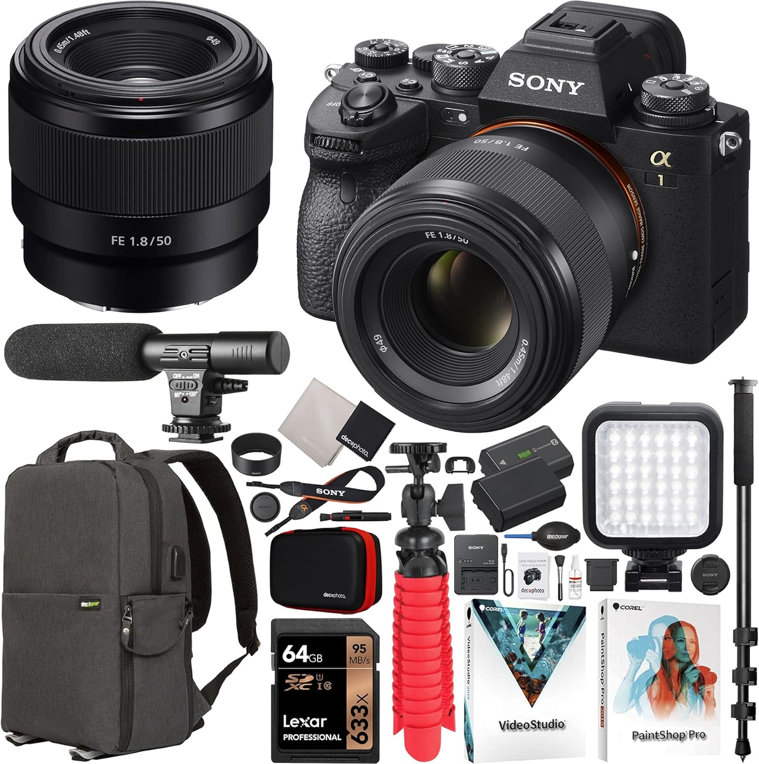 Sony Alpha 1 Full Frame Mirrorless Camera Body + 50mm F1.8 FE Fast E-Mount Lens SEL50F18F ILCE-1/B Bundle with Deco Gear Backpack + Microphone + LED + Monopod and Accessories Kit