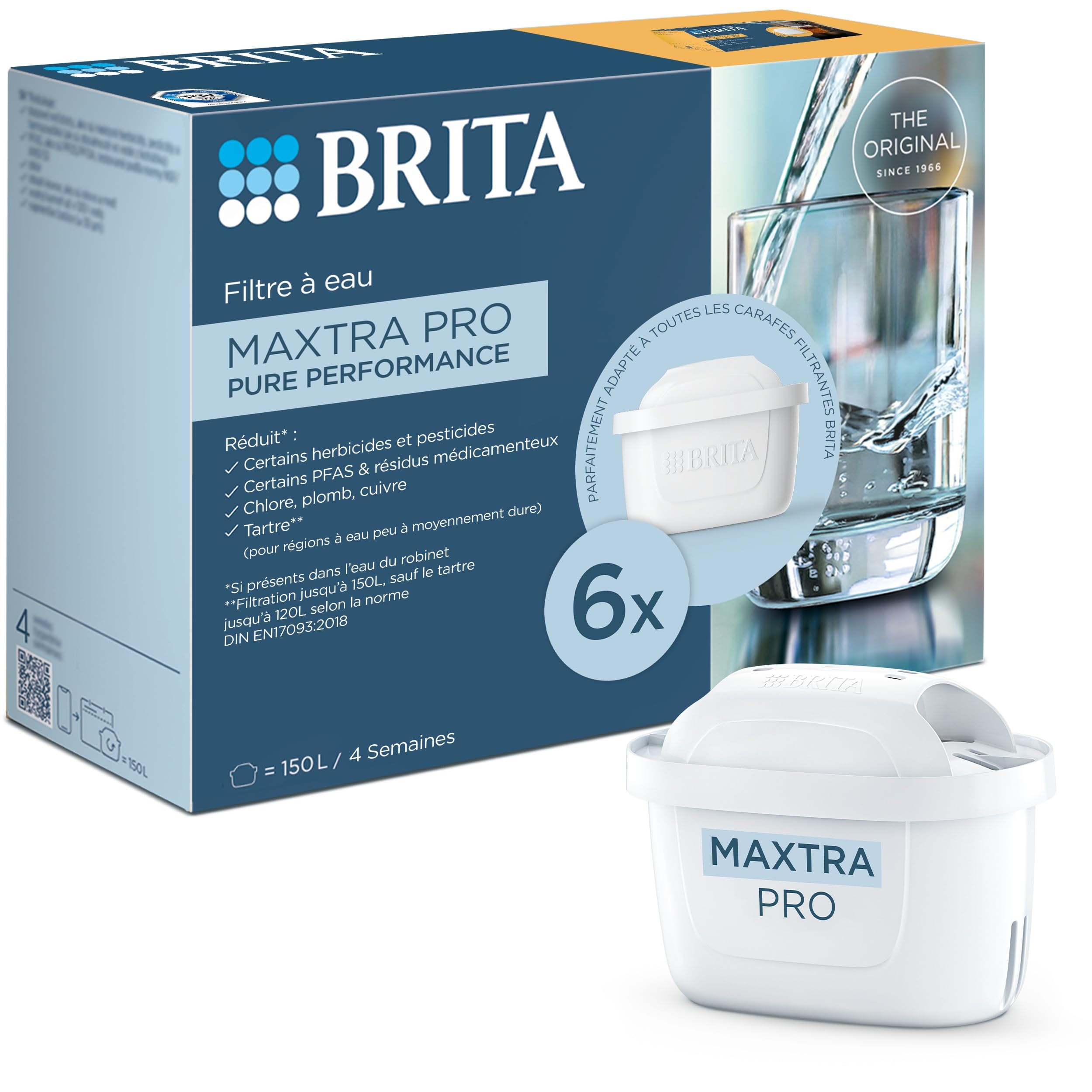 Gros plan sur les cartouches filtrantes BRITA MAXTRA PRO Pure Performance, prêtes à l'emploi dans leur emballage.