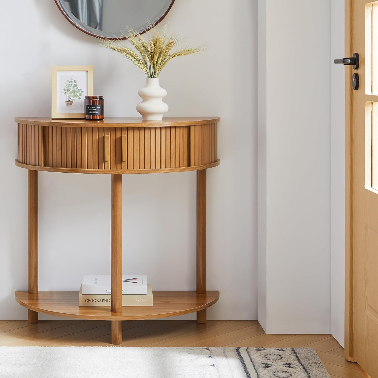 Entryway Table, Half Moon Fluted Console Tables with Storage, Mid Century Modern Small Half Round Sofa Tables for Hallway, Narrow Curved Accent Decor Table for Living Room (Mid-Century Modern, Walnut)