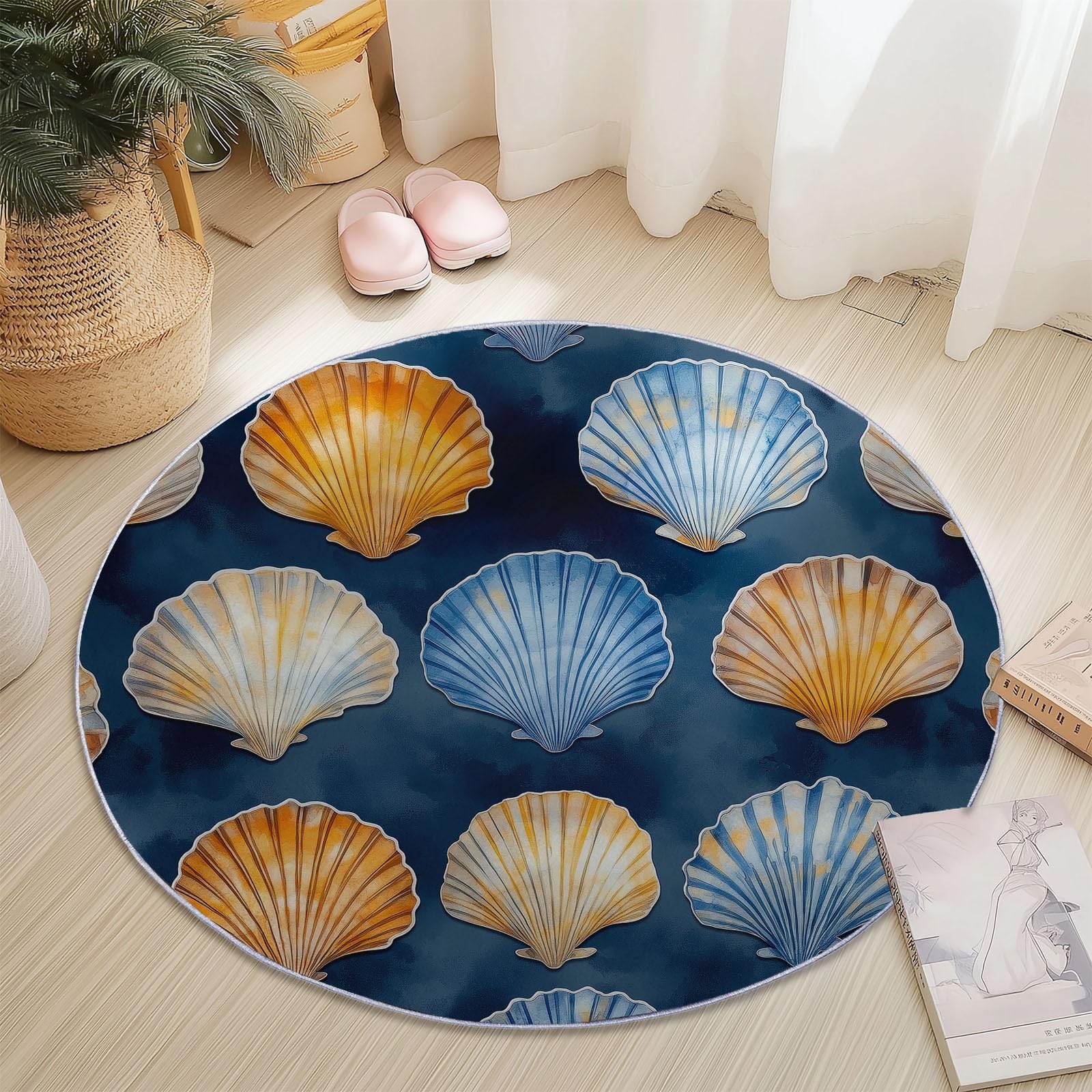 Tappeto rotondo da 245 cm, con stampa di elementi marini acquerellati, moderno, antiscivolo, in flanella, lavabile, per cameretta dei bambini, stanza dei giochi, camera da letto