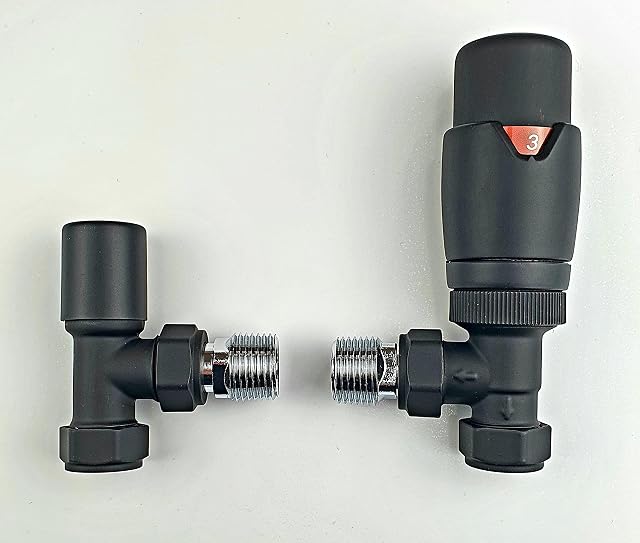 Greenedhouse Oslo Black TRV Angled Designer TRV Thermostatic Radiator & Towel Rail Valve Radiator Towel Heater Valve, Matt Black, 1/2'' - 15mm
