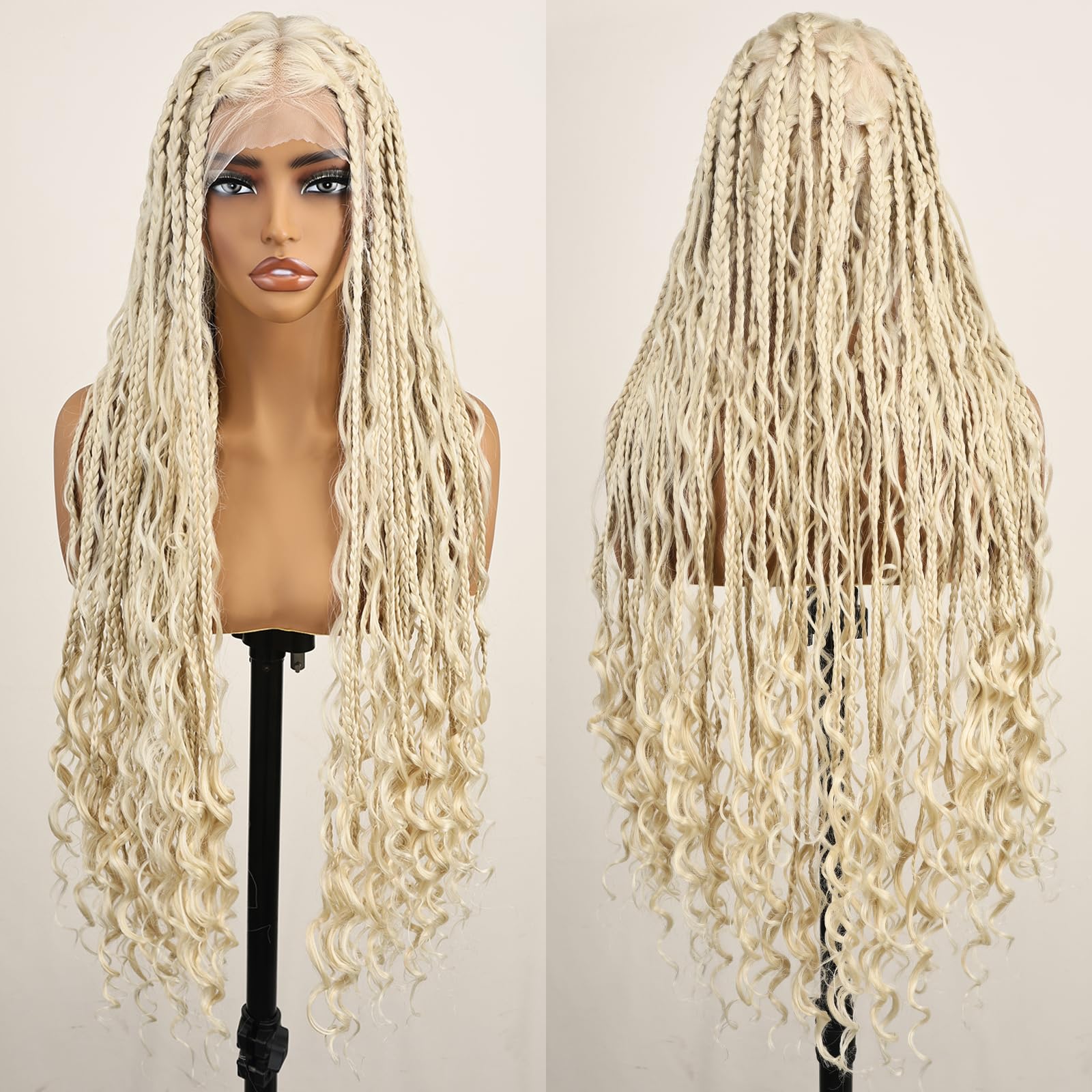 FABÉLLE Platinum Blonde Knotless Triangle Box Braid Wig Boho Box Braided Wigs for Black Women Transparent Single Full Lace Braided Wig with Baby Hair