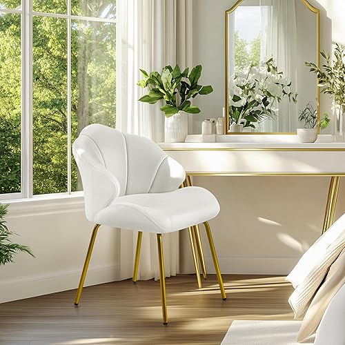Miniatura 2 de Yaheetech Silla de tocador, silla decorativa de terciopelo con respaldo en forma de concha, sillón moderno con patas de metal dorado para