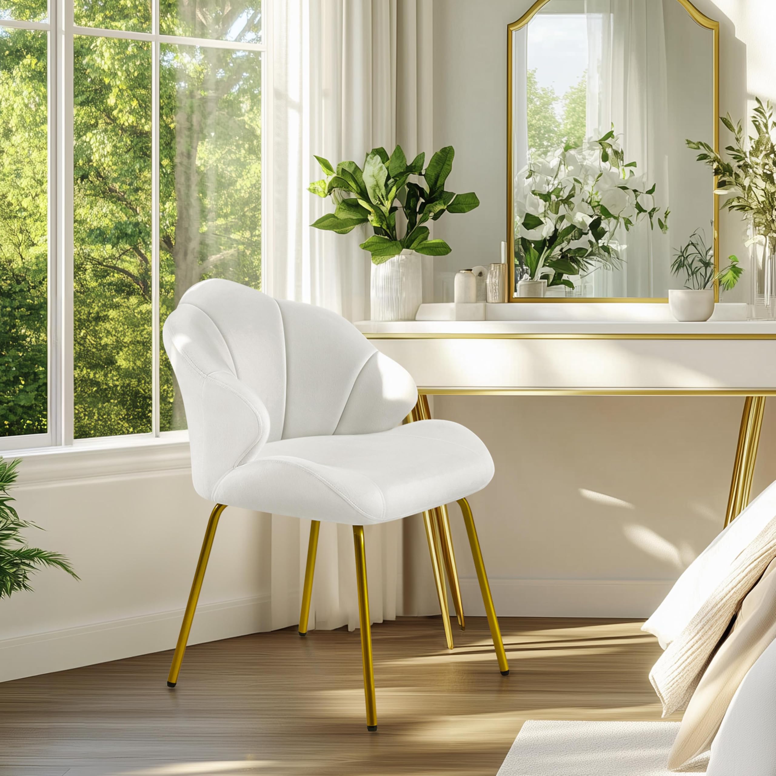 Yaheetech Dressing Table Stool with Gold Legs, Makeup Vanity Chair with Shell-shaped Backrest for Dressing Table, Bedroom, Living Room, Velvet, 56cm Extra Wide Seat Cushion, White