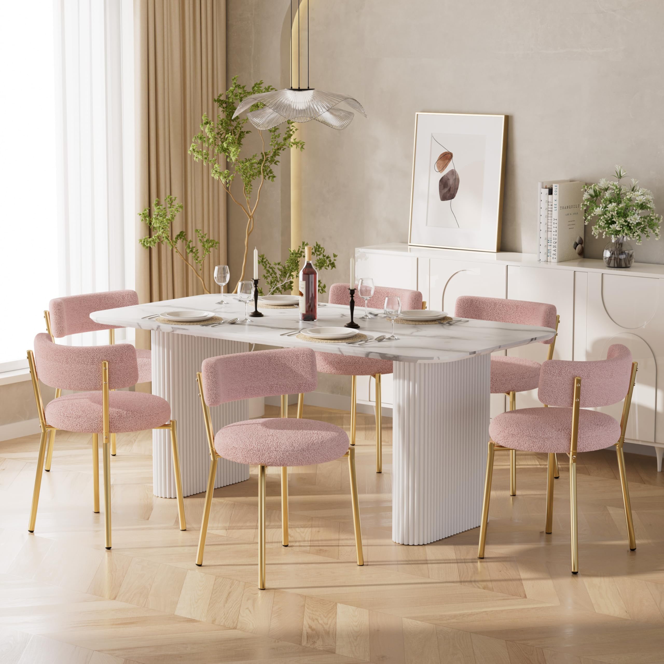 HAIZAO Boucle Dining Chairs Set of 6, Modern Round Upholstered Dining Chairs, Curved Backrest Kitchen Dining Room Chairs, Mid-Century Pink Dining