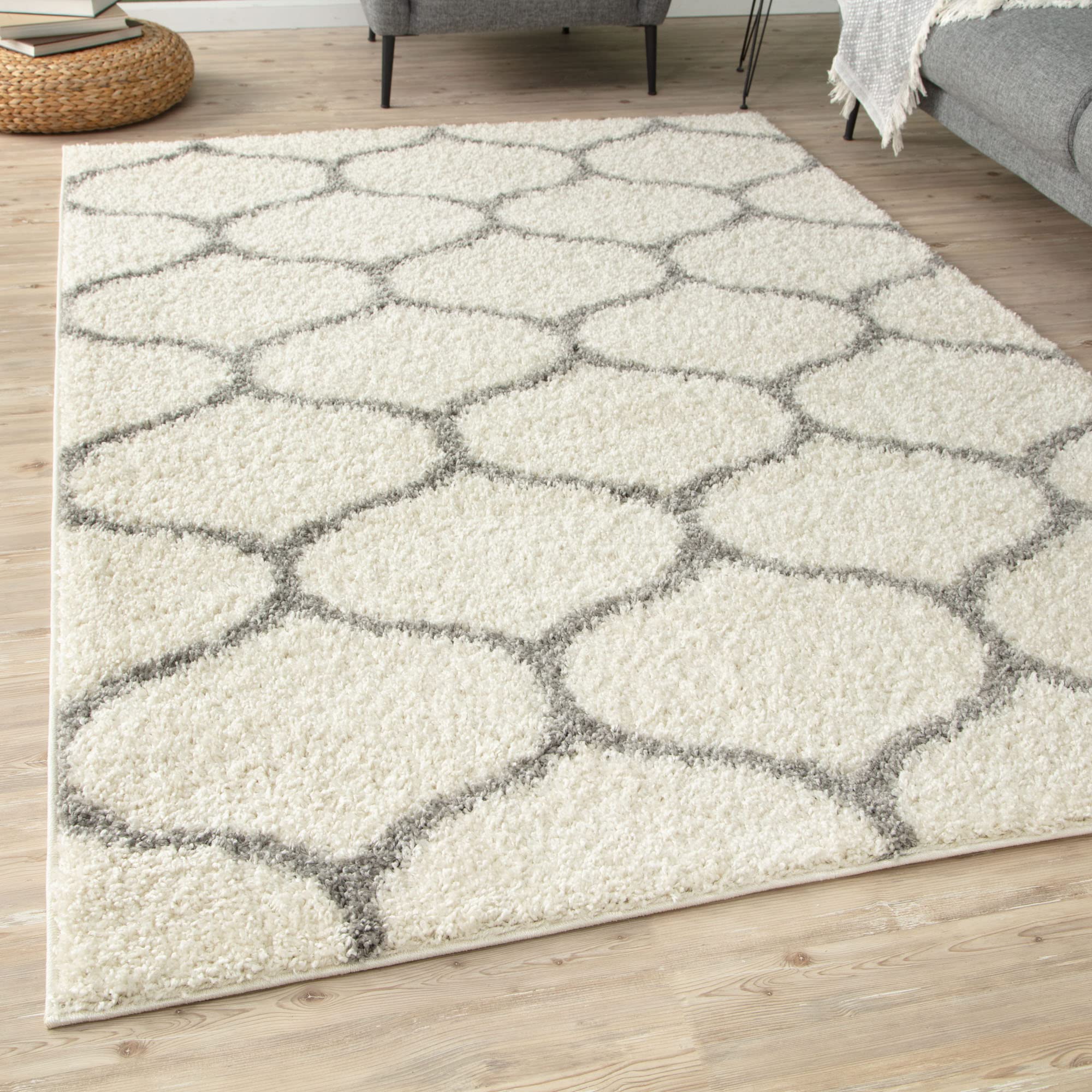 THE RUGS Soft Trellis Shaggy Rugs & Runners Ivory & Grey Living Room | Size: 80cm x 300cm