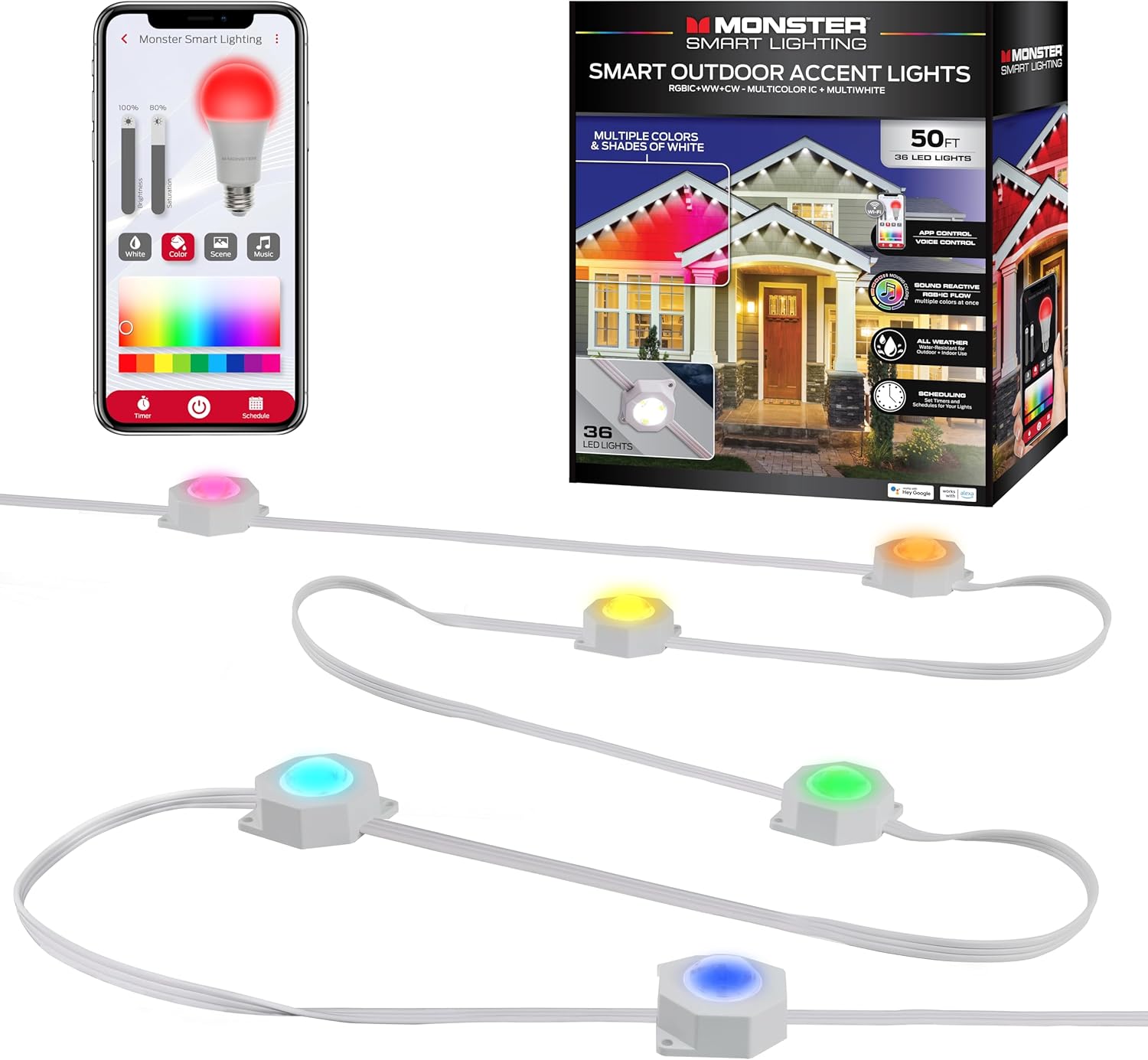Monster Smart Permanent Outdoor Lights, 50ft, 36 LED Eaves Lights, RGB+IC+WW, Weather & Water Resistant, App & Voice Control, Compatible with Alexa and Google, for Halloween, Christmas & Year-Round Monster Smart Permanent Outdoor Lights, 50ft, 36 LED Eaves Lights, RGB+IC+WW, Weather & Water Resistant, App & Voice Control, Compatible with Alexa and Google, for Halloween, Christmas & Year-Round