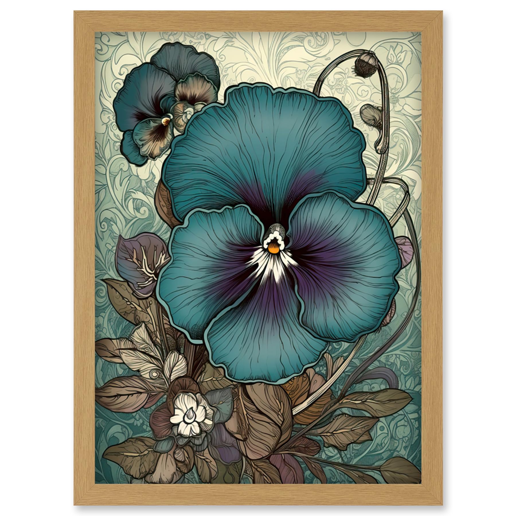 Artery8 Blue and Purple Pansy Flower and Floral Patterns Artwork Framed Wall Art Print A4